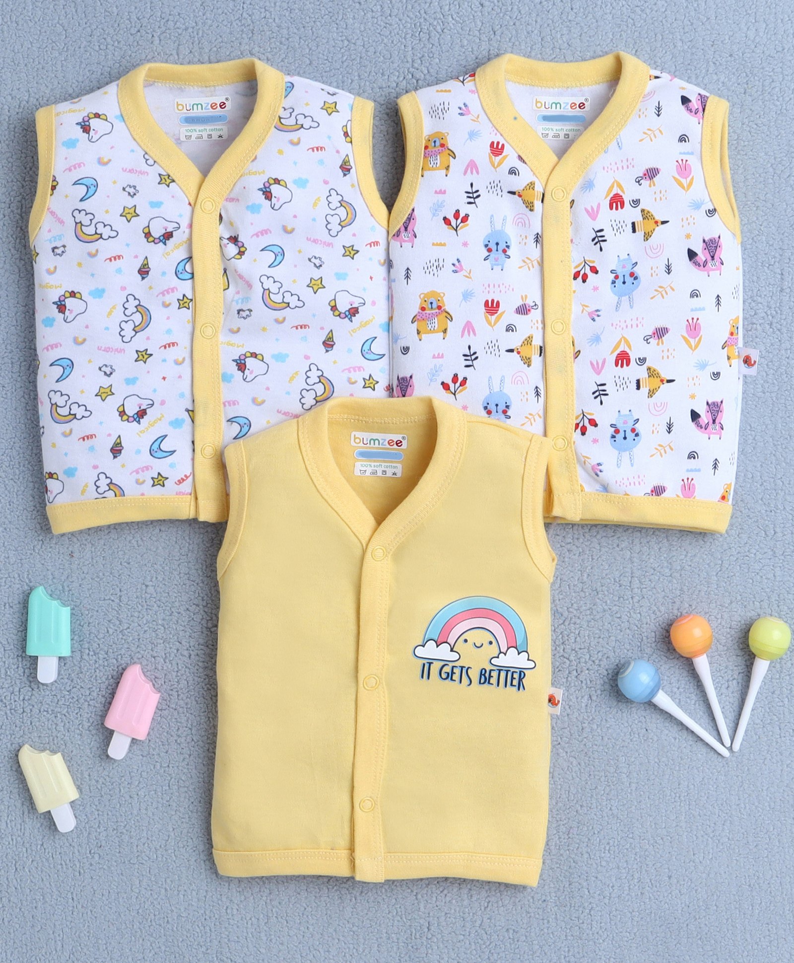 BUMZEE Cotton Knit Sleeveless Animal & Rainbow Printed Jablas Pack of 3 - White & Yellow-image-15