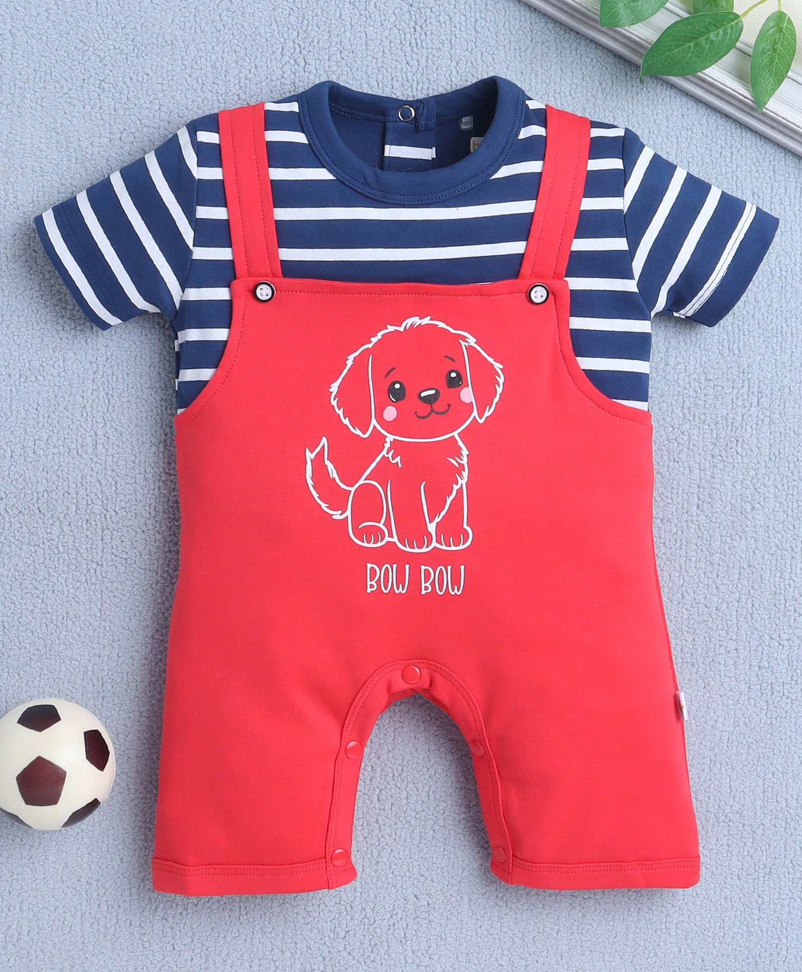 BUMZEE Cotton Knit Half Sleeves Romper with Stripes & Dog Print - Navy Blue & Red-picture-30