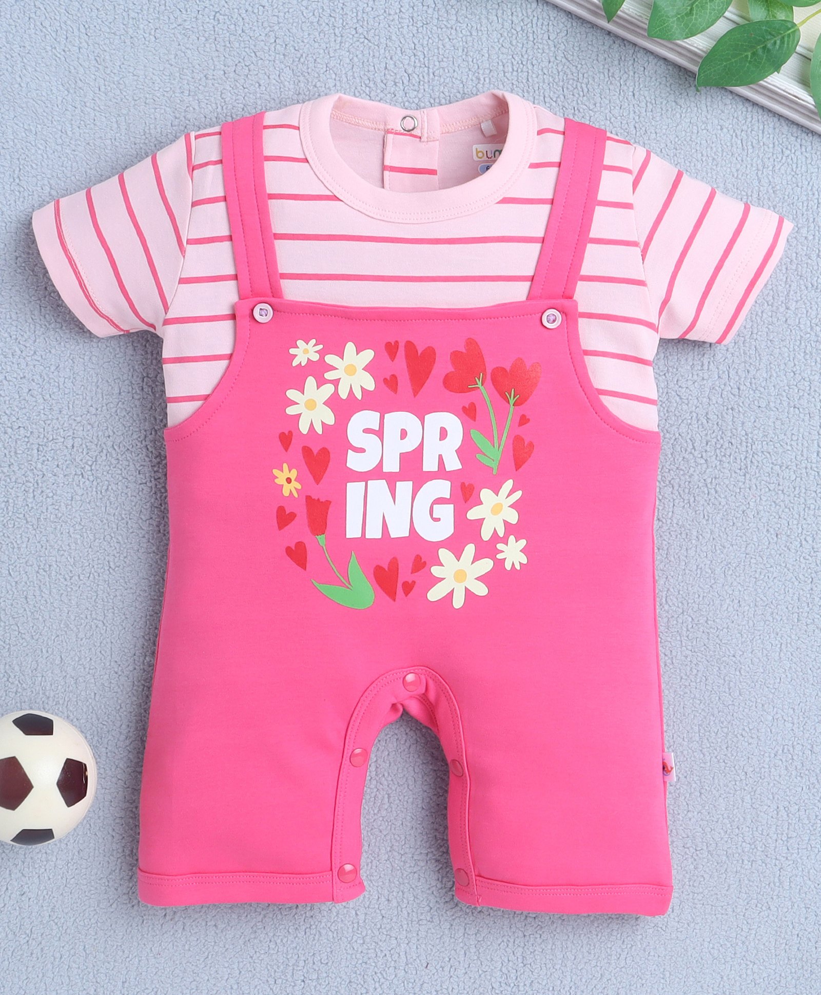 BUMZEE Cotton Knit Half Sleeves Romper with Stripes & Spring Text Print - Pink-picture-26