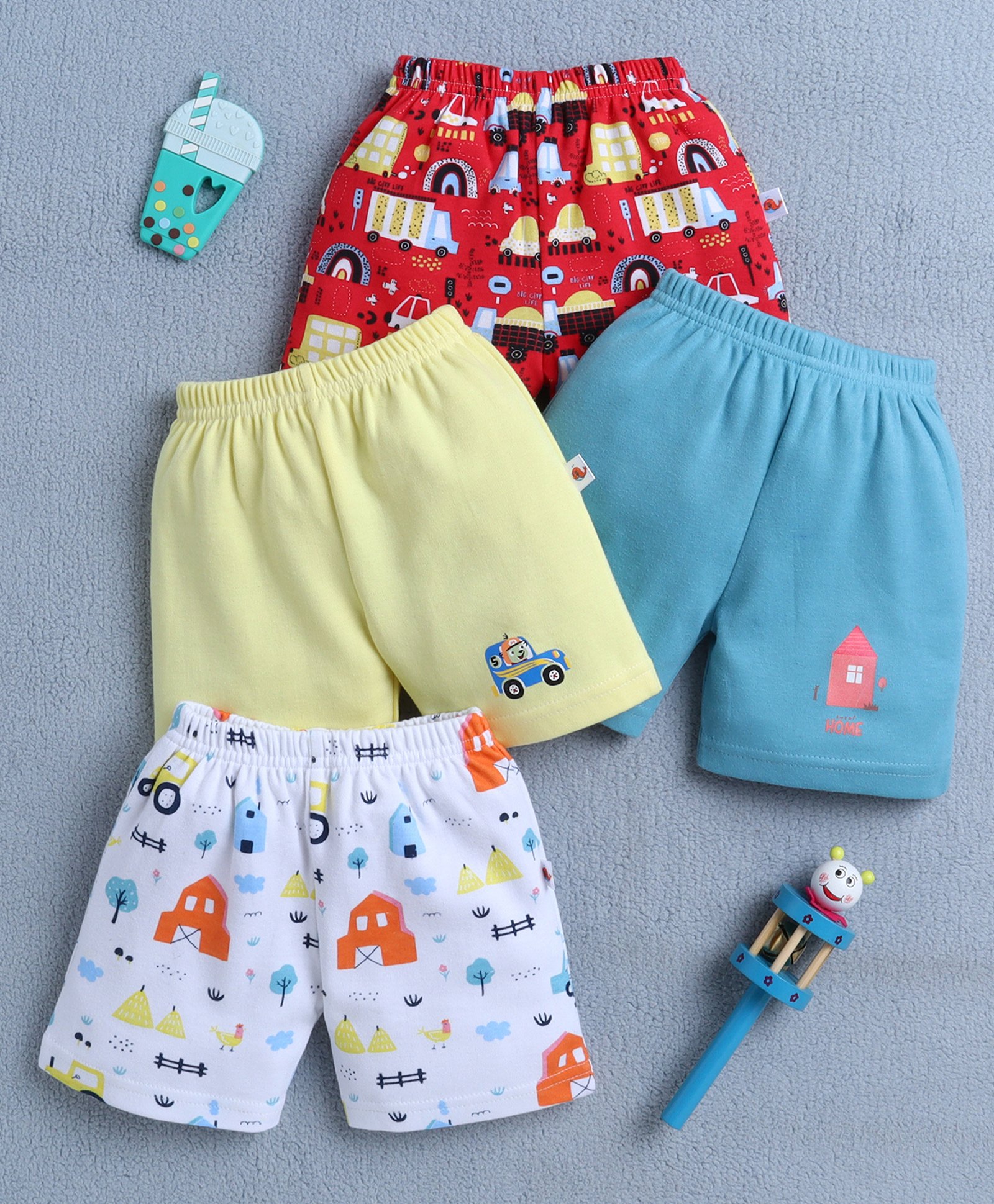 BUMZEE Cotton Knit Above Knee Length Vehicle Printed Shorts Pack of 4 - Multicolor-picture-19