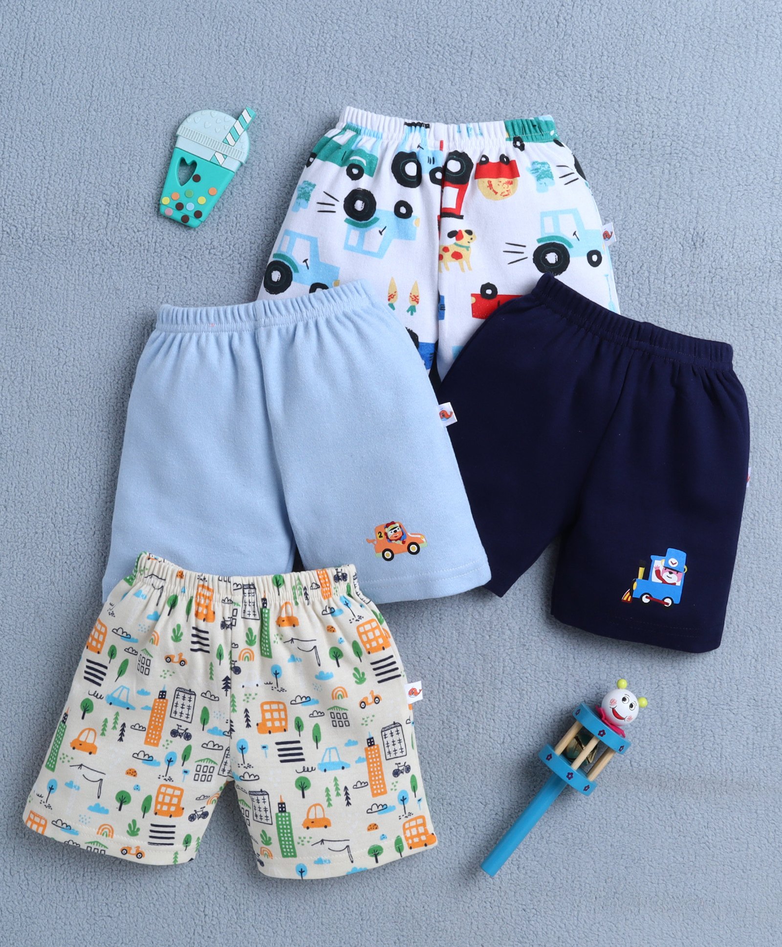 BUMZEE Cotton Knit Above Knee Length Vehicle Printed Shorts Pack of 4 - White Light & Navy Blue-picture-14