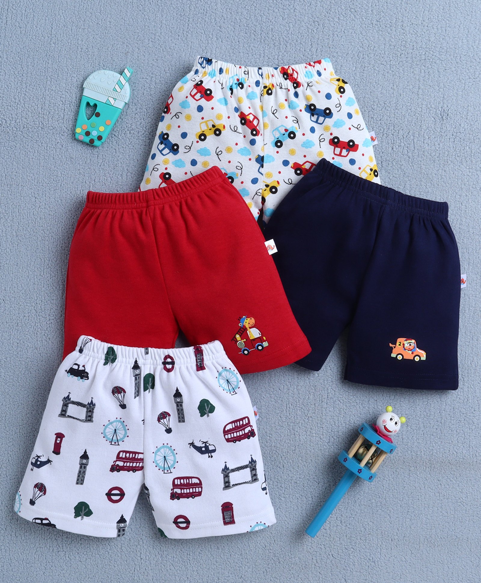 BUMZEE Cotton Knit Above Knee Length Vehicle Printed Shorts Pack of 4 - Red Navy Blue & White