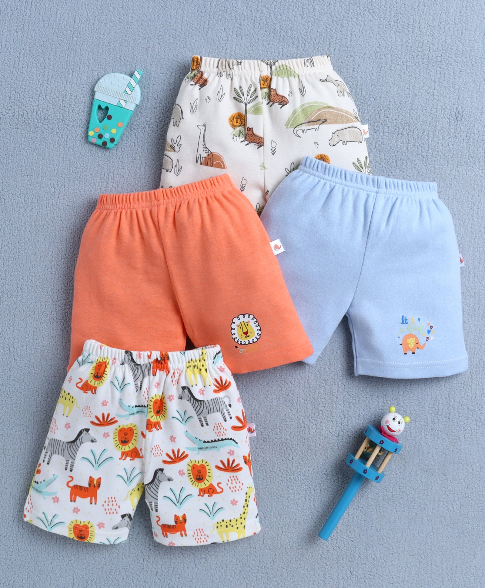 BUMZEE Cotton Knit Above Knee Length Jungle Theme Printed Shorts Pack of 4 - White Orange & Light Blue-picture-17