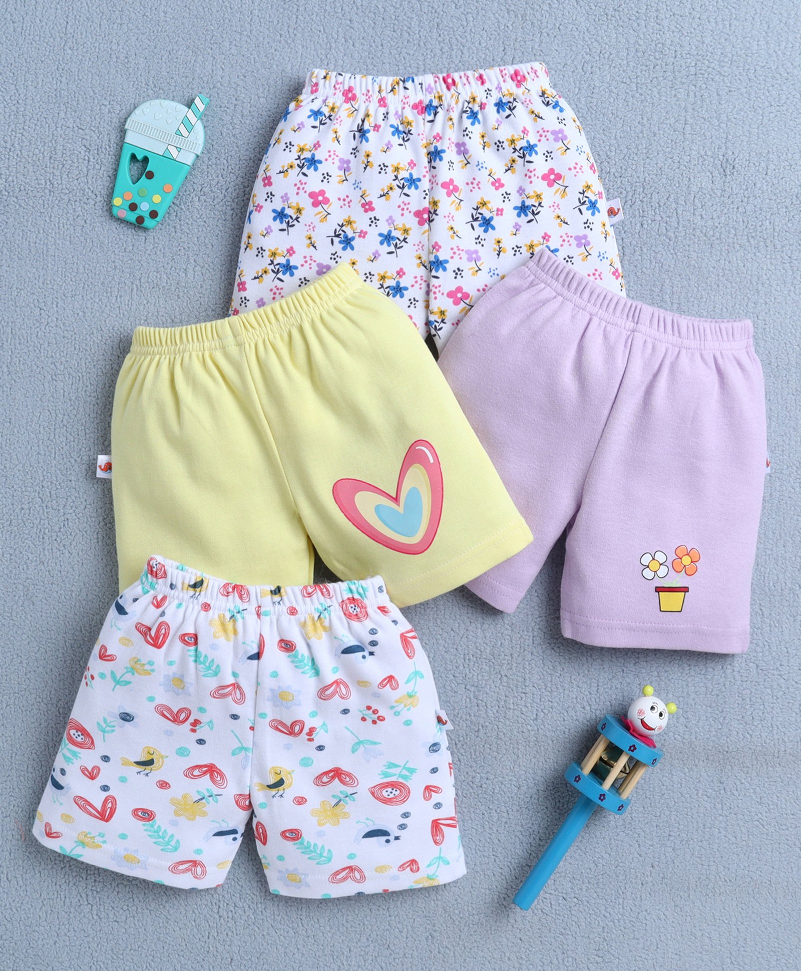 BUMZEE Cotton Knit Above Knee Length Floral & Heart Printed Shorts Pack of 4 - White Yellow & Lavender-picture-13