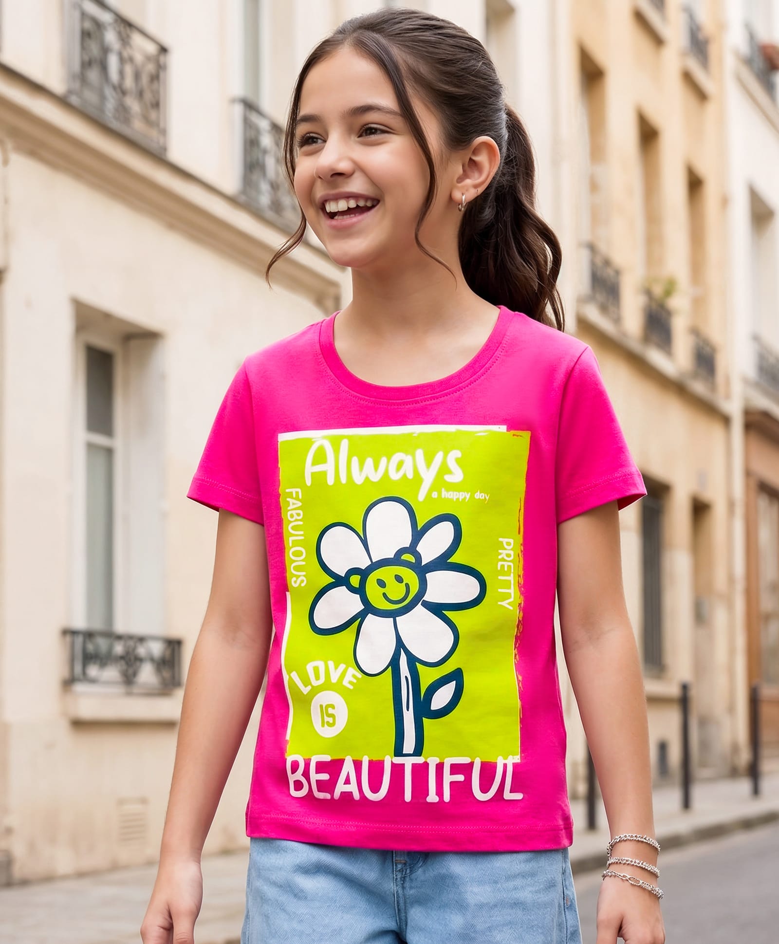 Pine Kids Cotton Knit Half Sleeves T-Shirt With Floral Print - Dark Pink-image-20