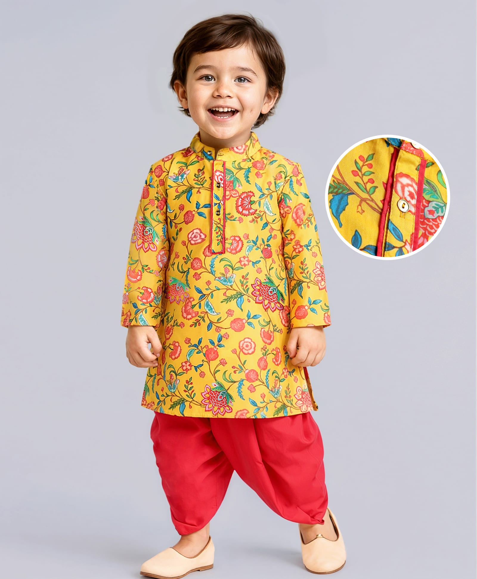 EARTHY TOUCH Woven Full Length Floral Printed Kurta & Dhoti Set - Yellow-picture-16