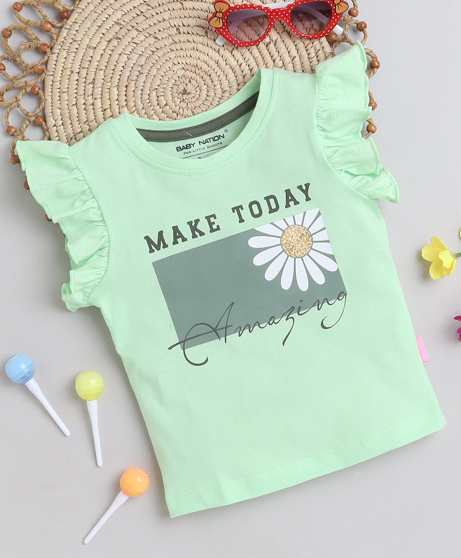 BABY NATION Cotton Frill Sleeves Make Today Amazing Text Printed Top - Green-picture-18