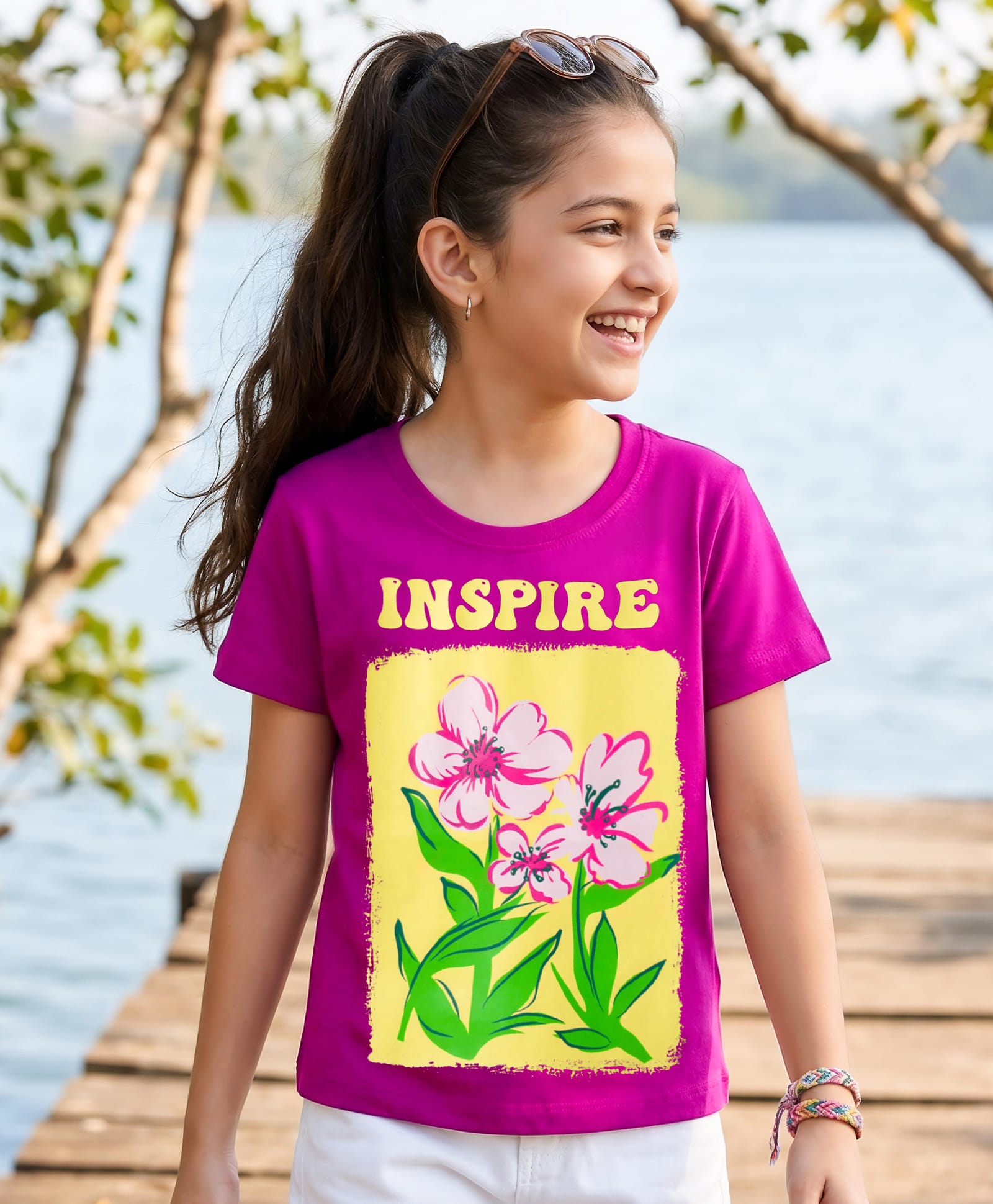 Pine Kids Cotton Knit Half Sleeves T-Shirt With Floral Print - Fuchsia-picture-11