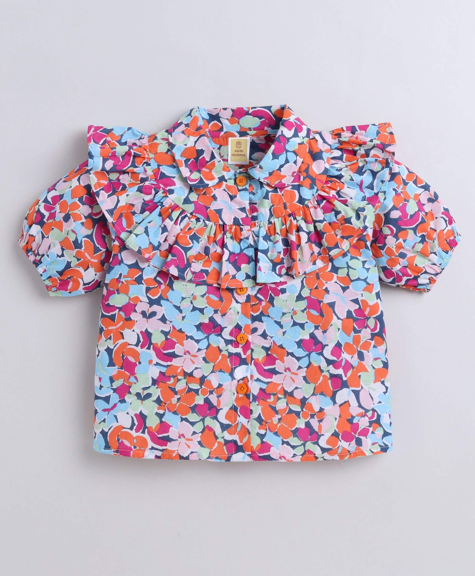 Aww Hunnie 100% Cotton Half Puffed Sleeves Floral Printed Frill Detailed Shirt Style Top - Multi Colour-image-48