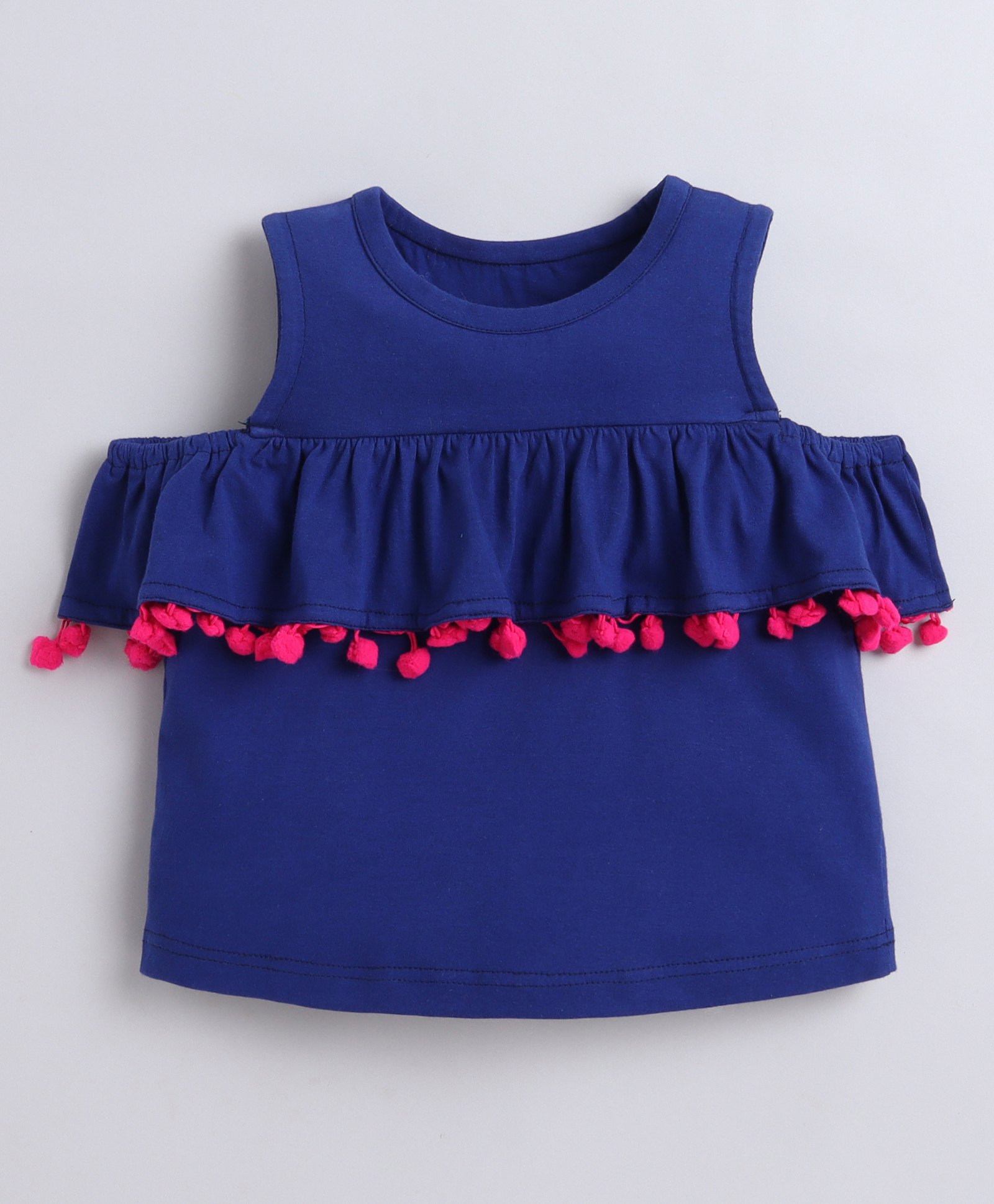 Aww Hunnie 100% Cotton Jersey Cold Shoulder Pom Pom & Frill Detailed Top - Blue-picture-18