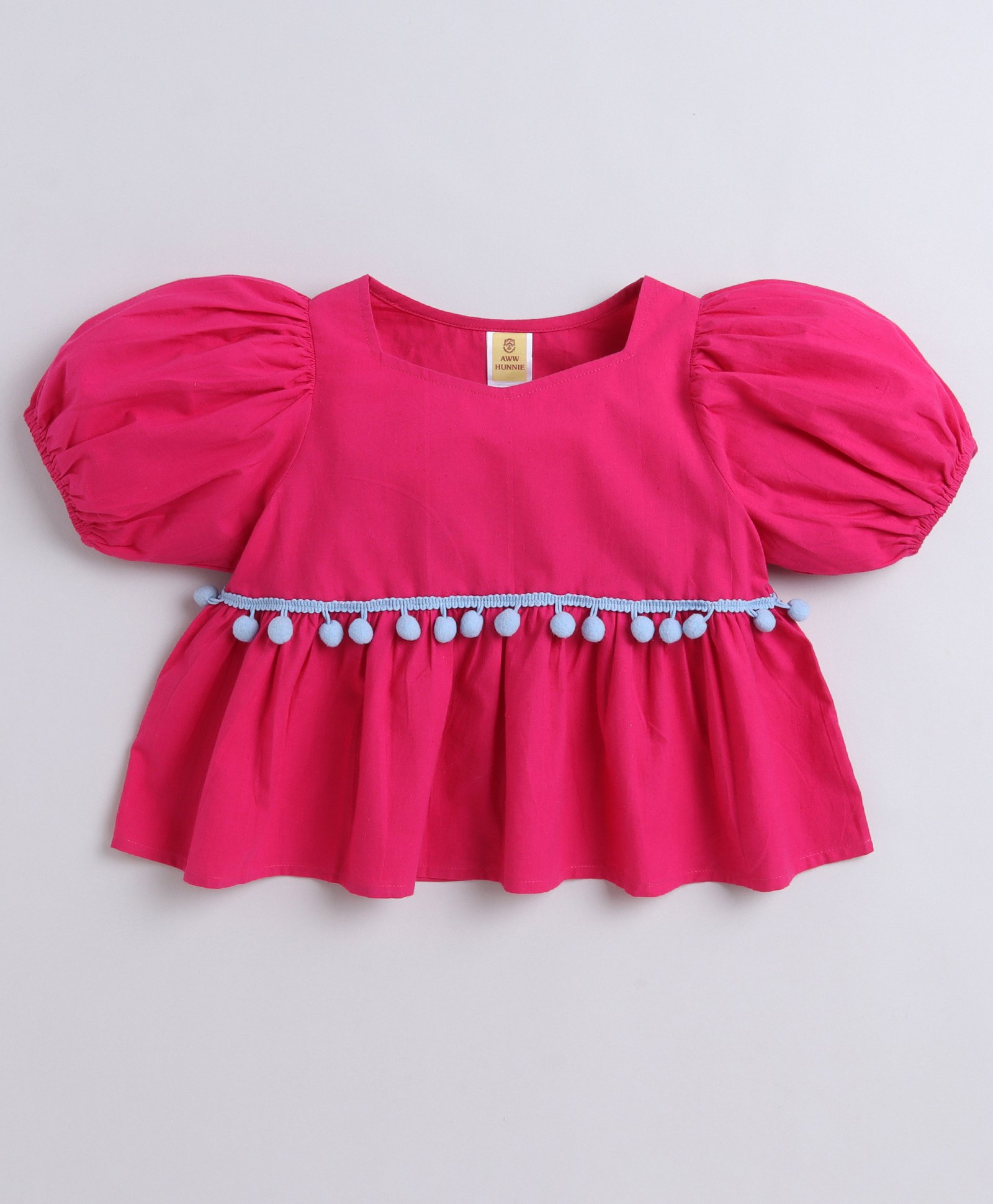 Aww Hunnie 100% Cotton Half Puffed Sleeves Tassels Detailed Peplum Top - Pink-picture-18