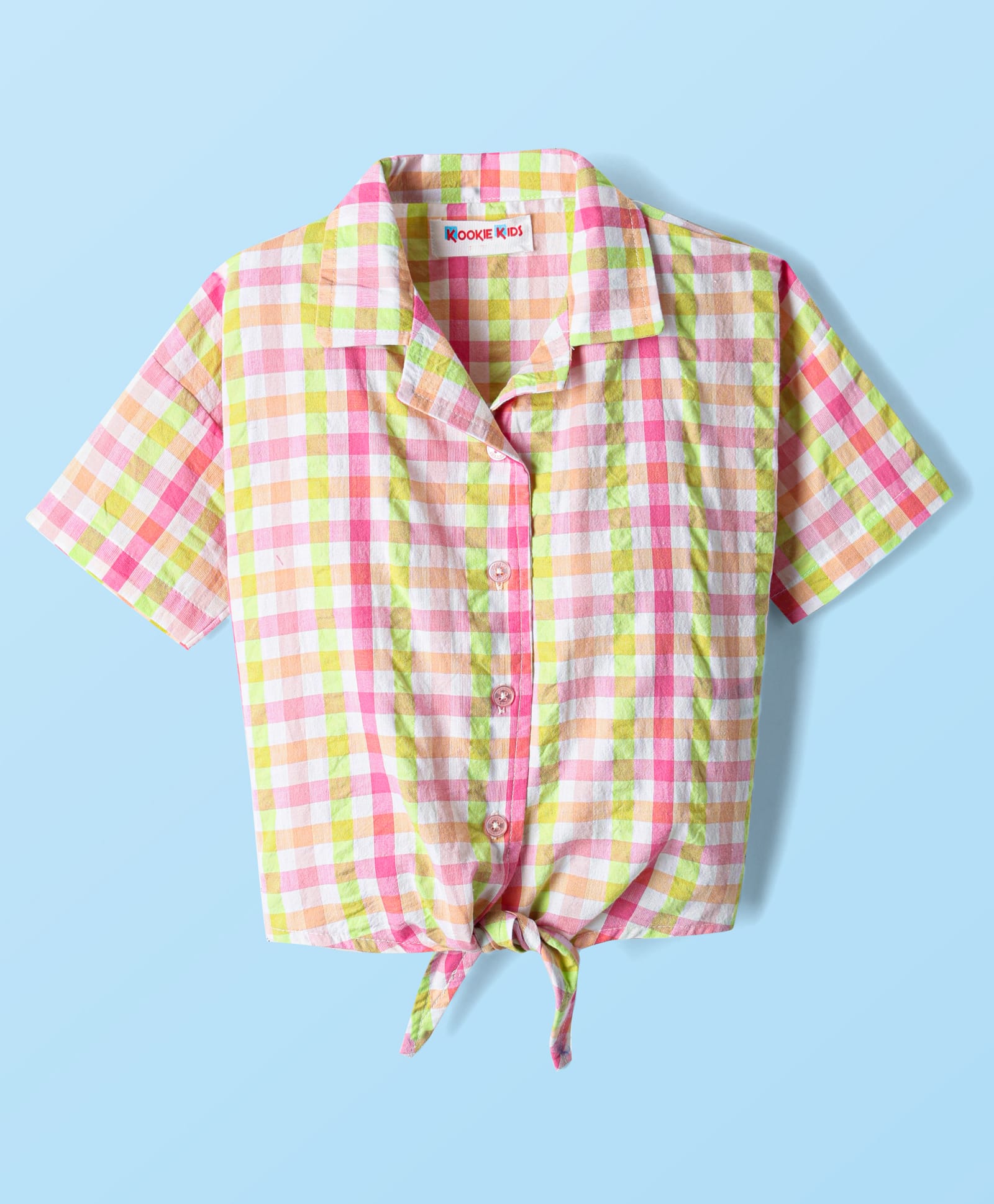 Kookie Kids Half Sleeves Crushed Checks Shirt Style Top With Knot - Multicolor-image-8