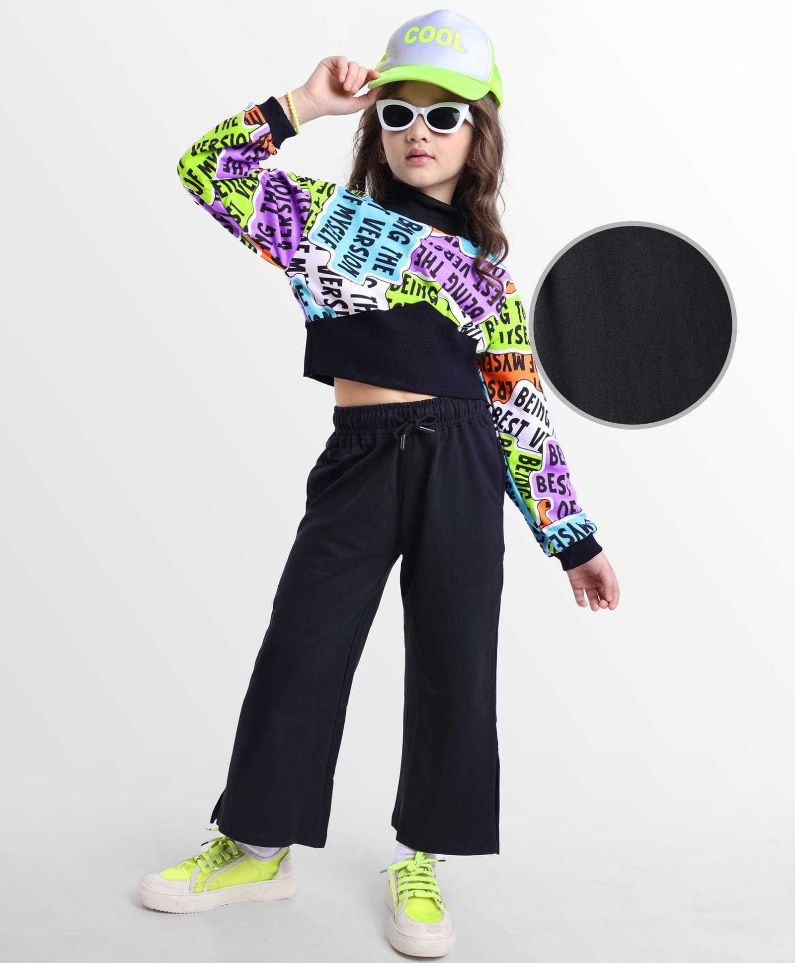 OLLINGTON ST. Looper Cotton Knit Full Sleeves Sweatshirt & Lounge Pant Set with Text Print - Multicolor & Black-image-31