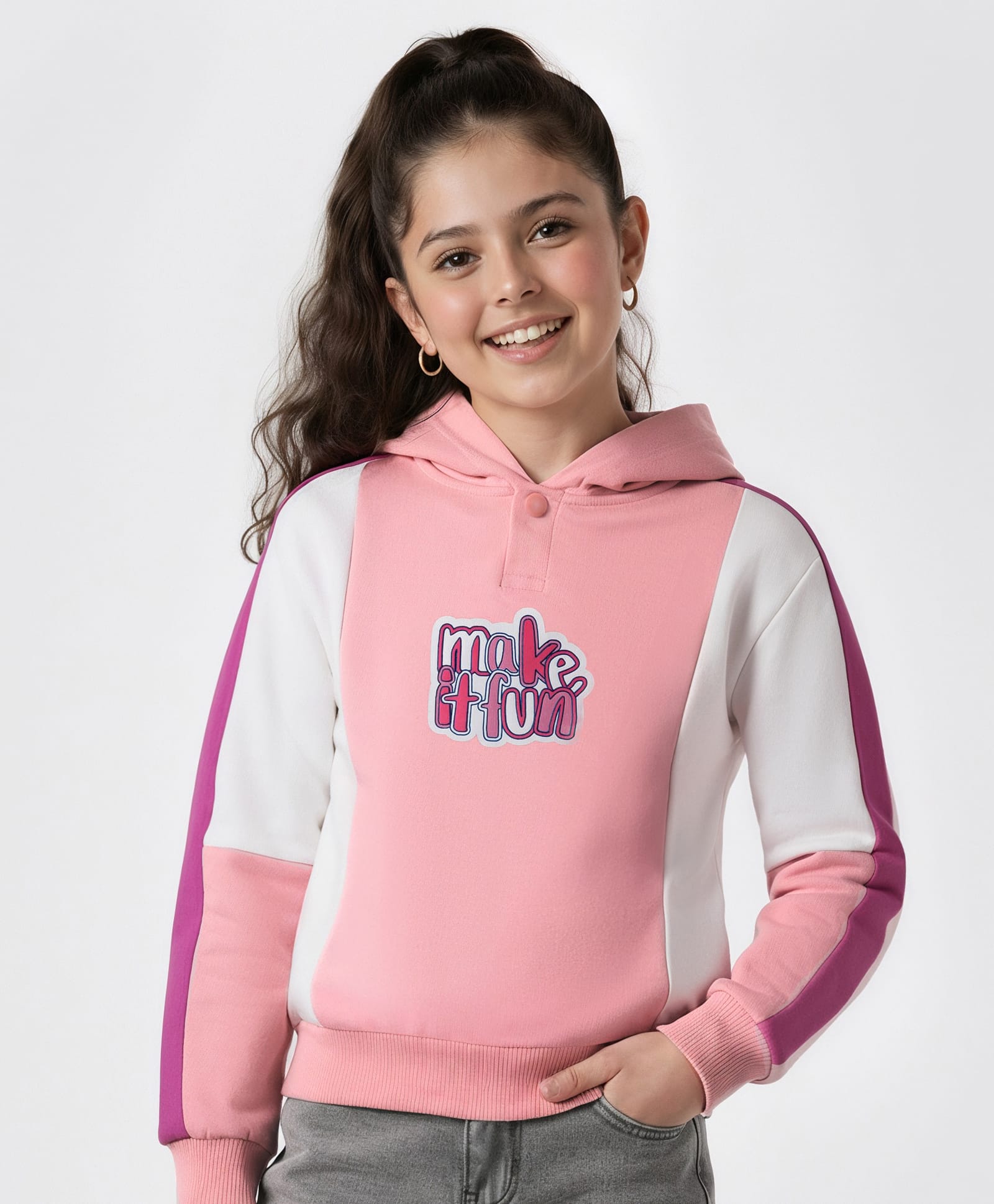 Pine Kids Cotton Knit Full Sleeves Hooded Sweatshirt with Kangaroo Pocket & Text Print - Pink & Green-picture-10