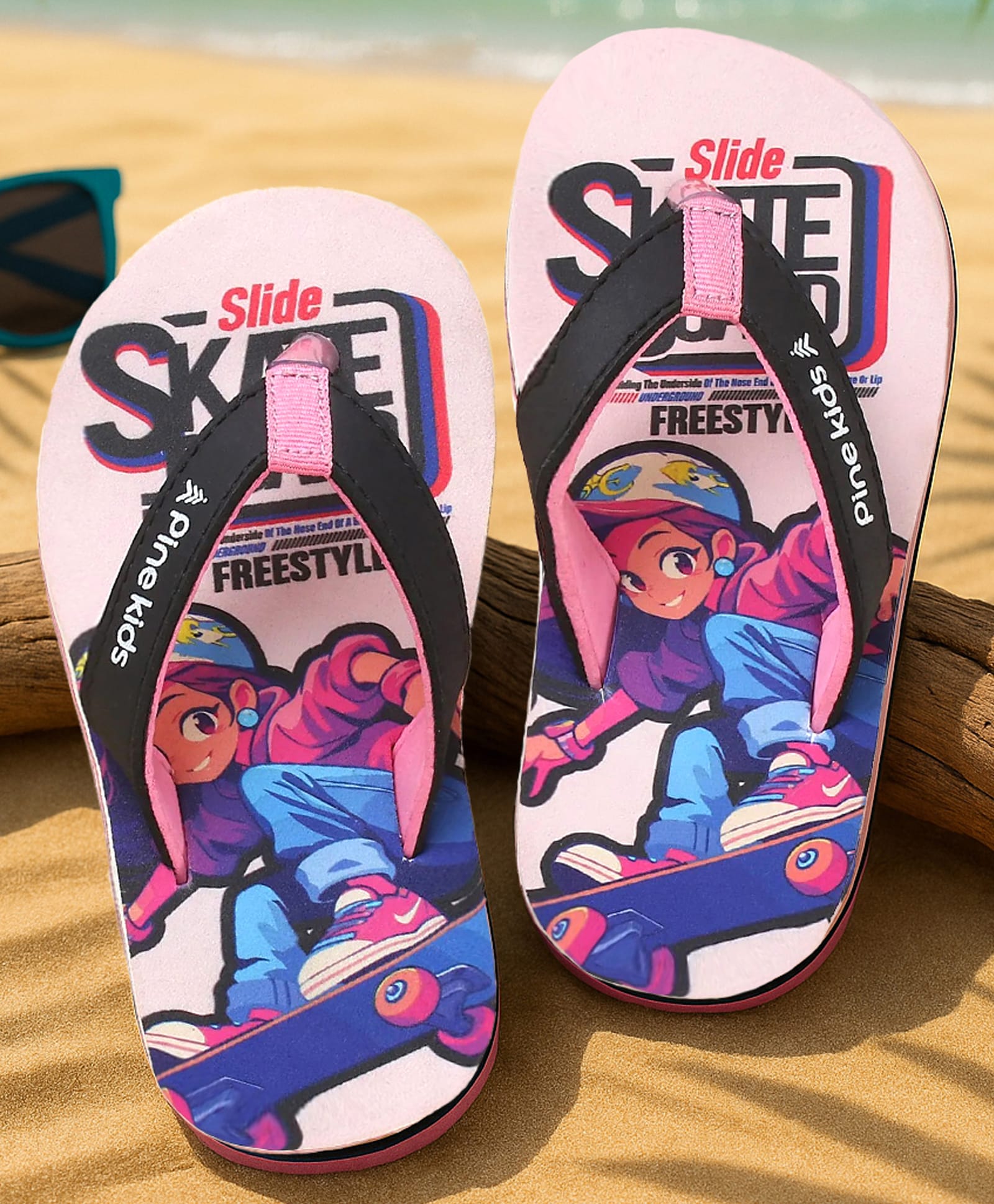 Pine Kids Slip On Flip Flops with Skating Print - Pink-picture-10
