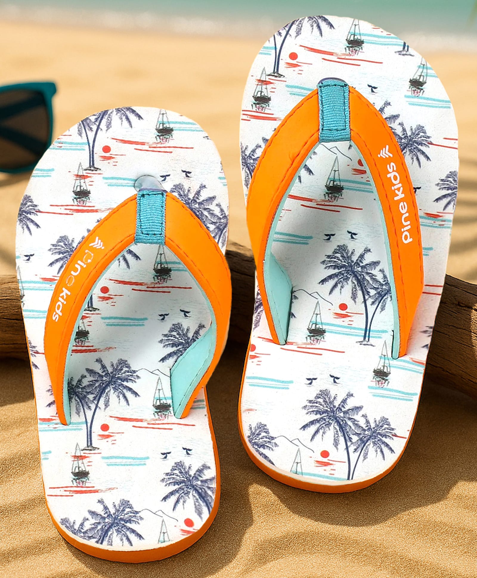 Pine Kids Slip On Flip Flops with Beach Theme Print - White & Blue-picture-13