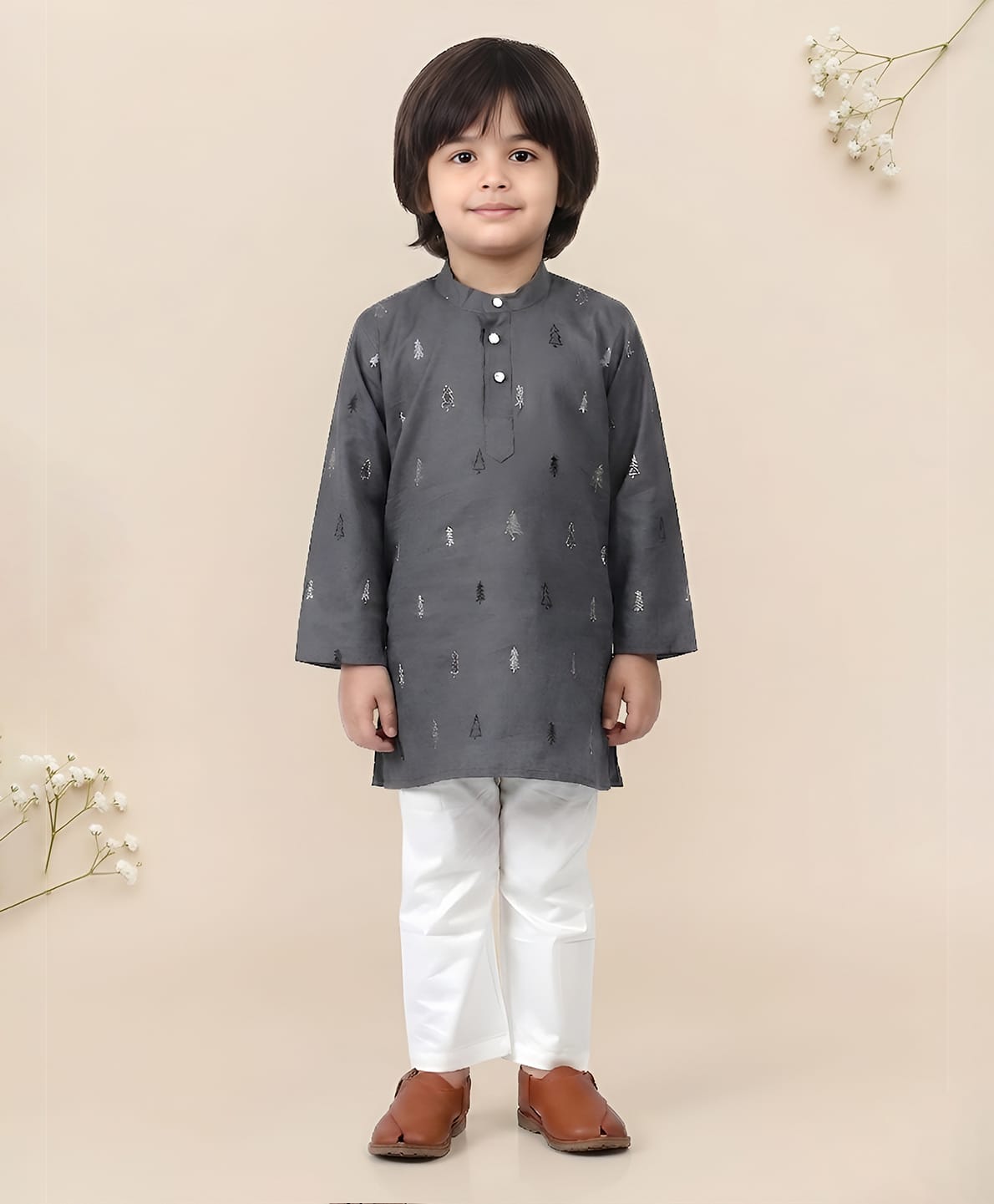 Polka Tots Cotton Full Sleeves Trees Embroidered Kurta Pyjama Set - Grey-image-1