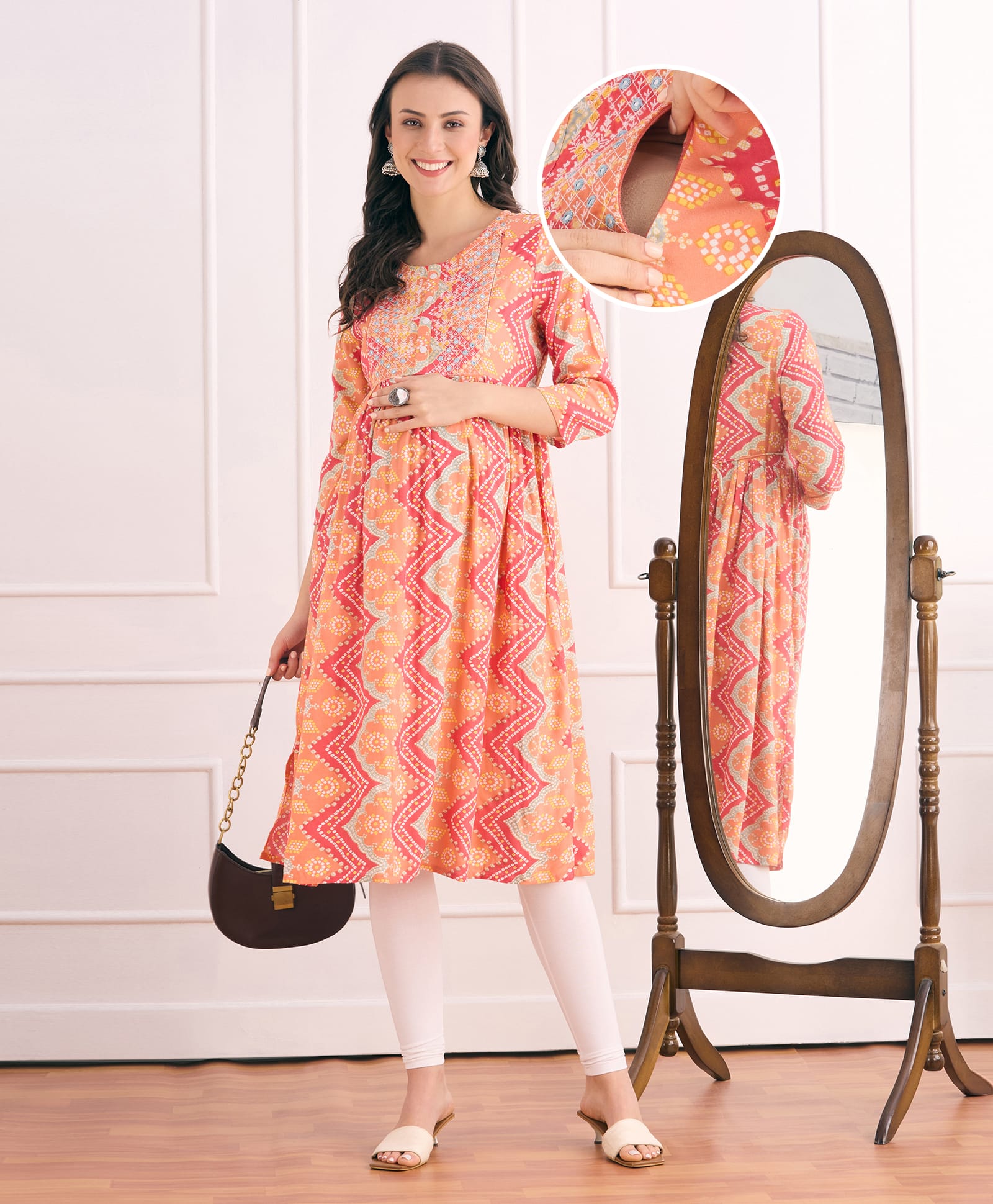 Bella Mama Woven Three Fourth Sleeves Maternity Kurta With Bandhani Print & Embrodiered Yoke - Coral