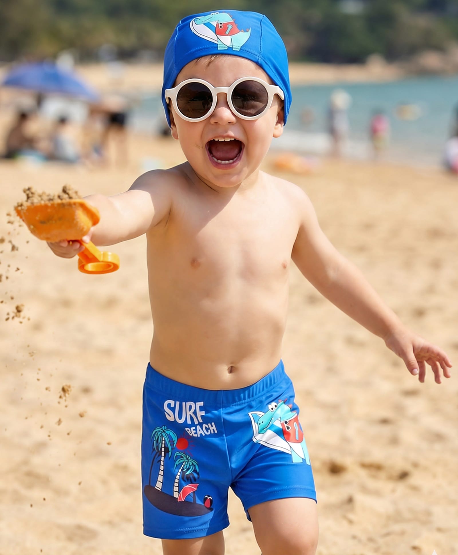 Babyhug Swimming Trunk With Dino Print & Cap - Blue