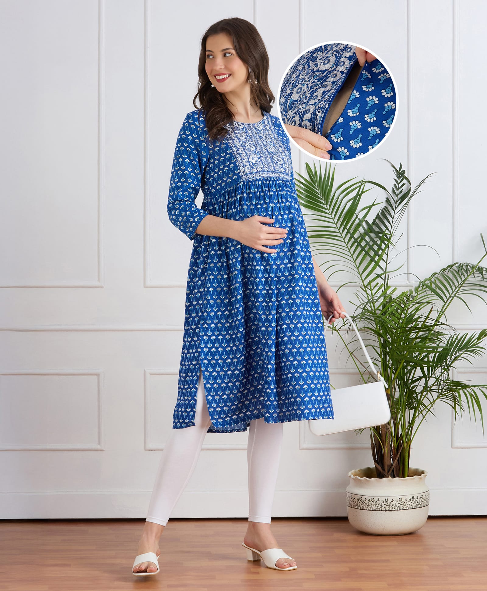 Bella Mama Viscose Woven Three Forth Sleeves Maternity Kurta with Embrodiered Yoke - Blue