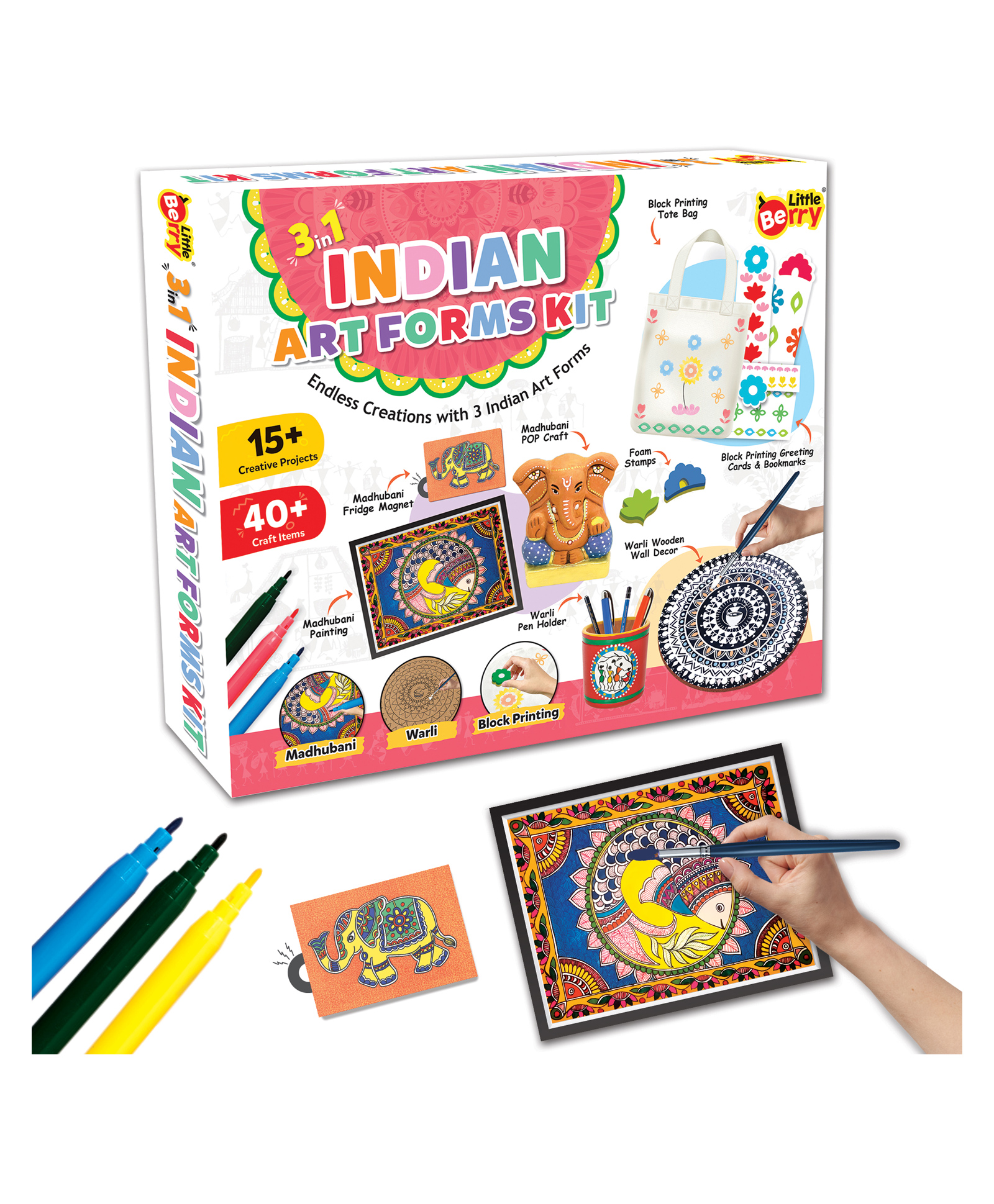 Little Berry 3 in 1 Indian Art Forms Kit: Create 15+ Unique Projects - Madhubani Art, Warli Art & Block Printing-image-33