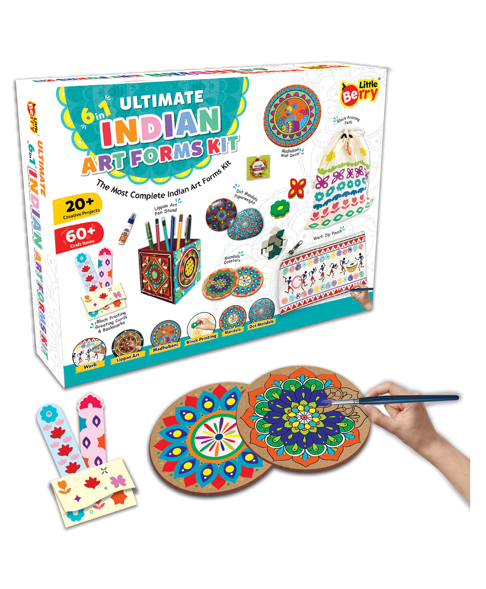 Little Berry 6-in-1 Indian Art Forms Kit: Create 20+ Projects - DIY Art & Craft Kit | Learn Lippan, Madhubani, Warli, Block Printing, Mandala Arts-image-41