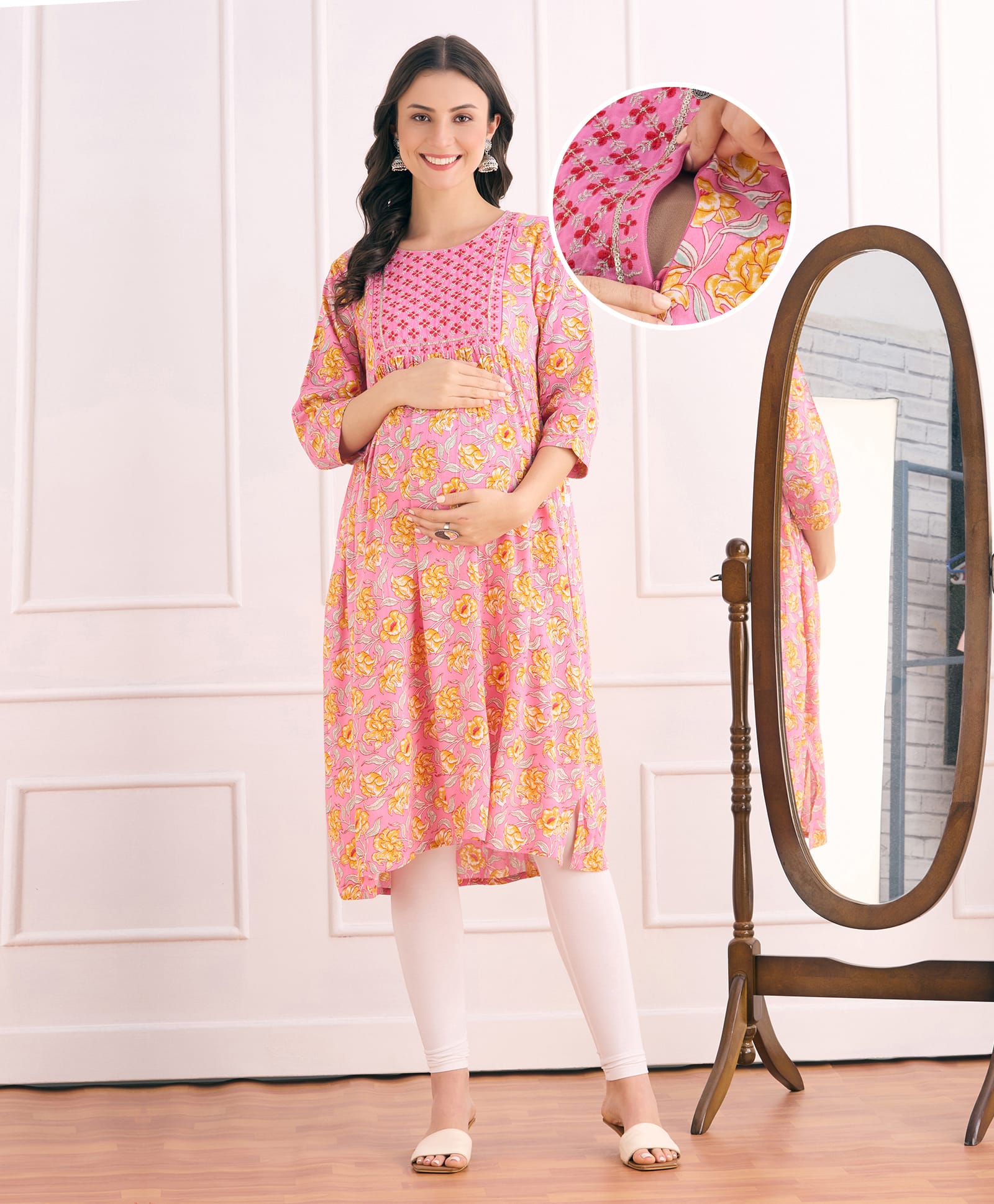 Bella Mama Viscose Woven Three Fourth Sleeves Maternity Kurta with Embroidered Yoke & Floral Print - Pink-image-4