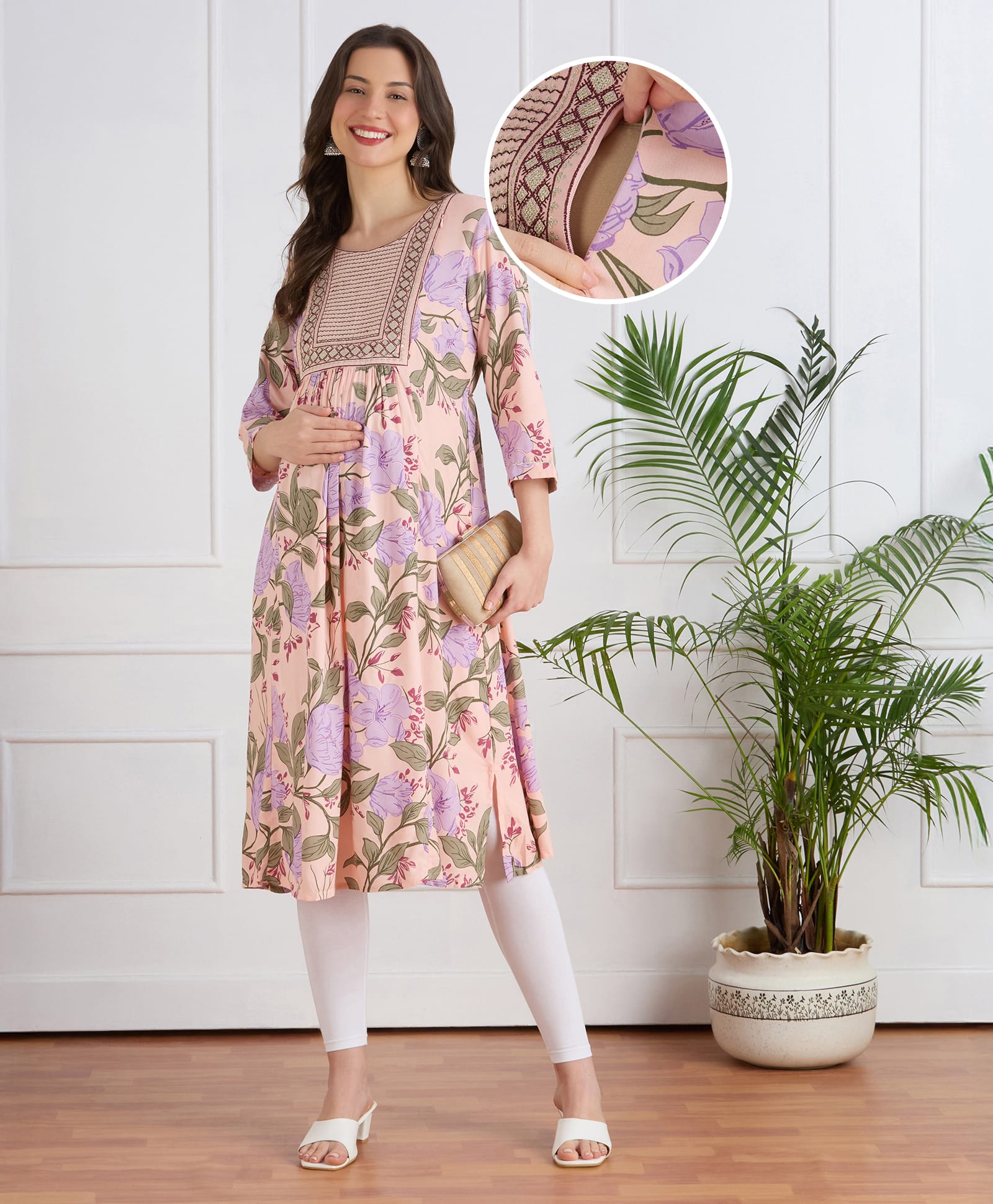 Bella Mama Woven Three Forth Sleeves Maternity Kurta With Floral Print & Embroidered Yoke - Pink