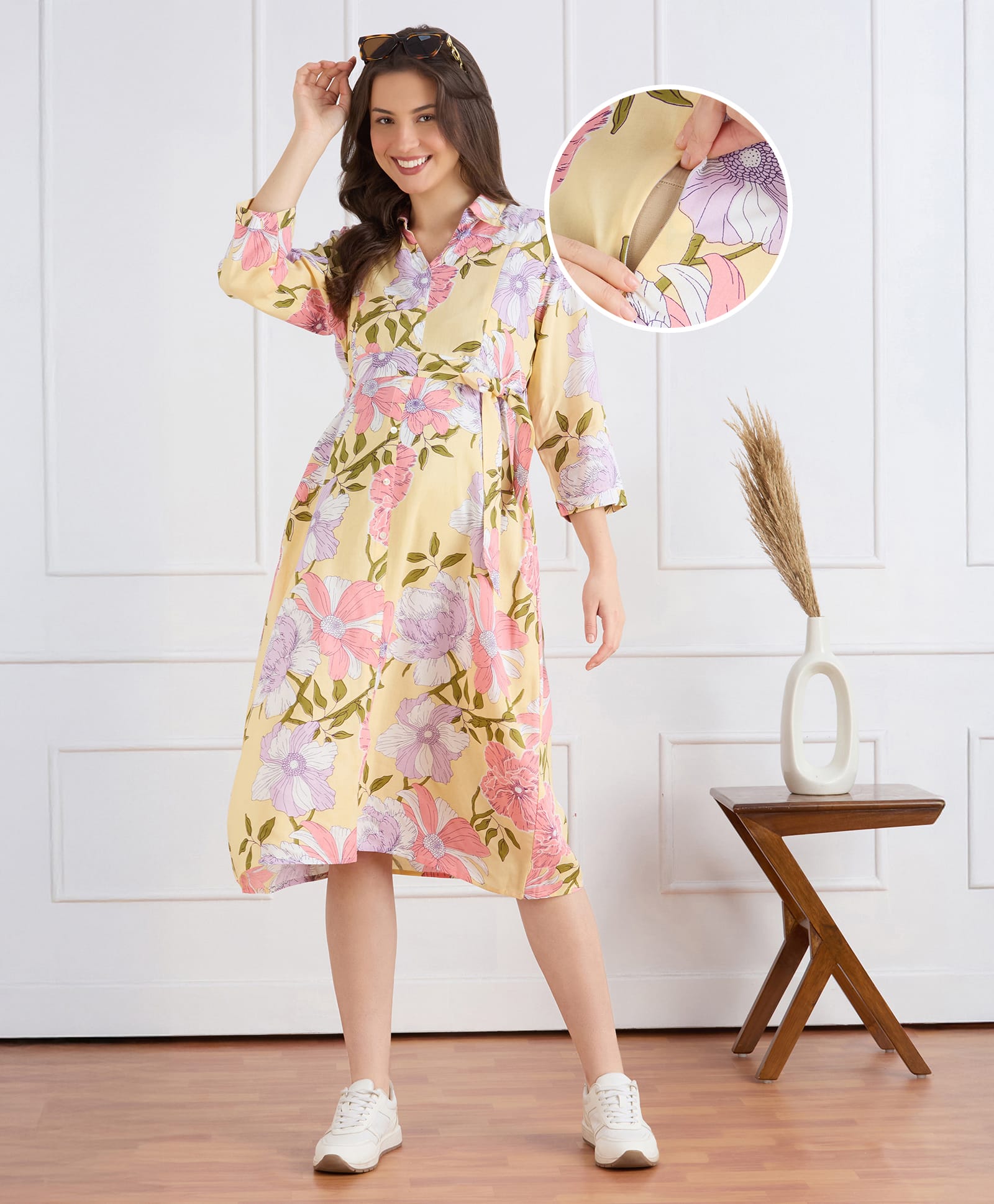 Bella Mama Viscose Woven Three Fourth Sleeves Maternity Dress with Pocket & Floral Print - Beige