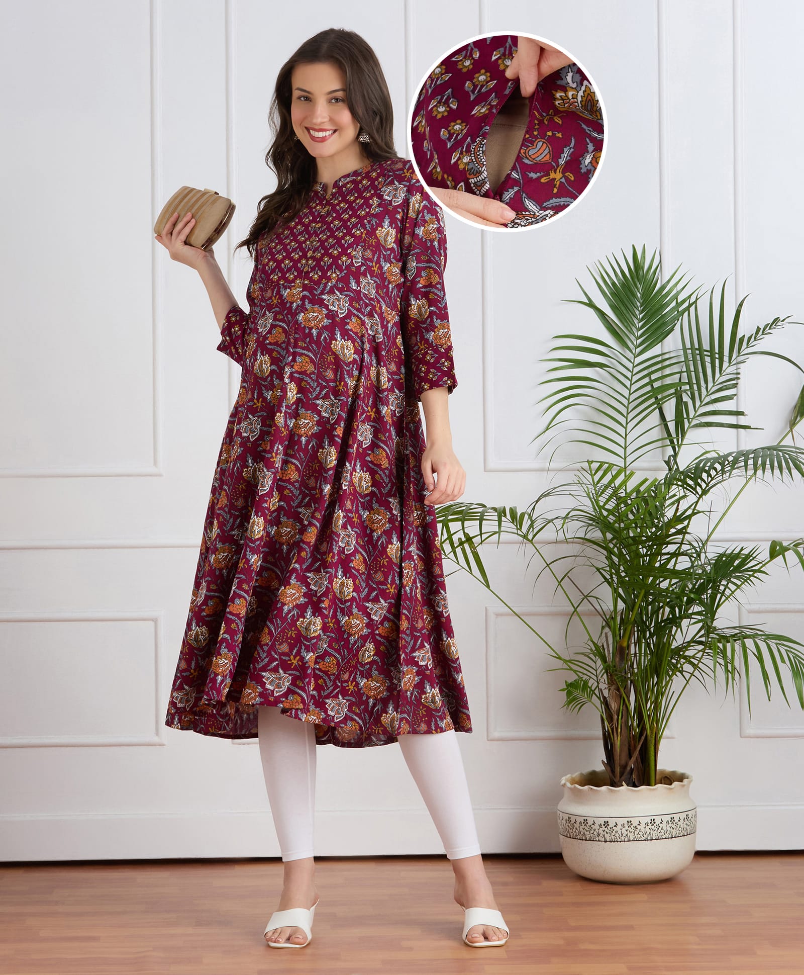 Bella Mama Viscose Woven Three Forth Sleeves Floral Printed Highlighted Yoke Maternity Kurta - Wine