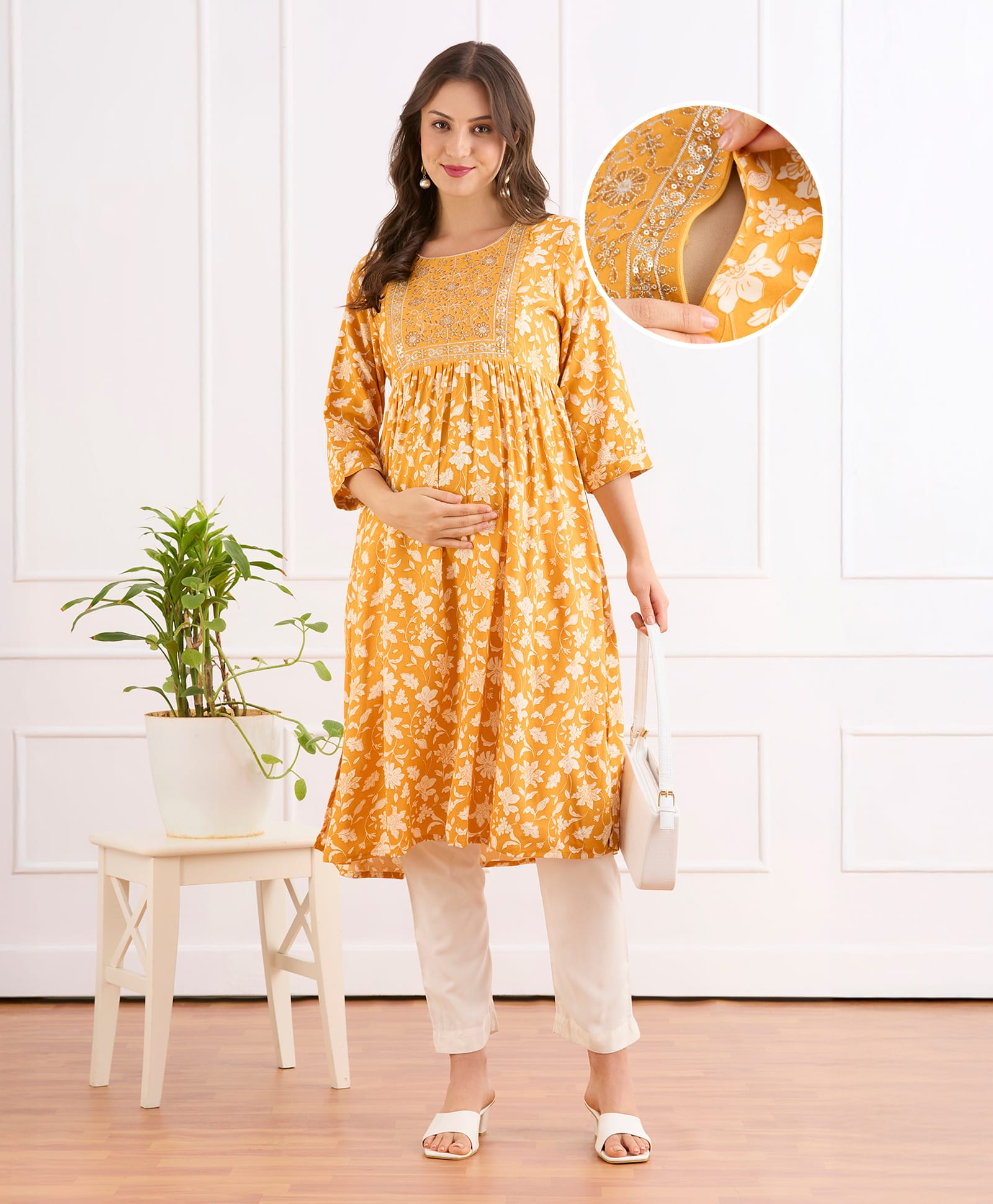 Bella Mama Viscose Woven Three Fourth Sleeves Maternity Kurta with Embroidered Yoke & Sequin Detailing - Mustard