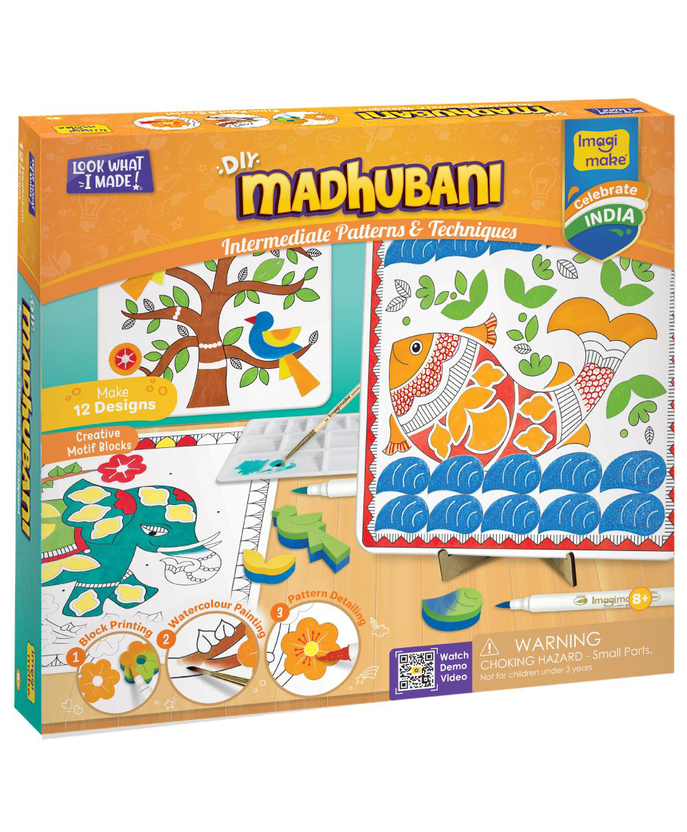Imagimake Art & Craft DIY Madhubani Painting & Colouring Kit Using Water Brush Pen & Stamps - Multicolor