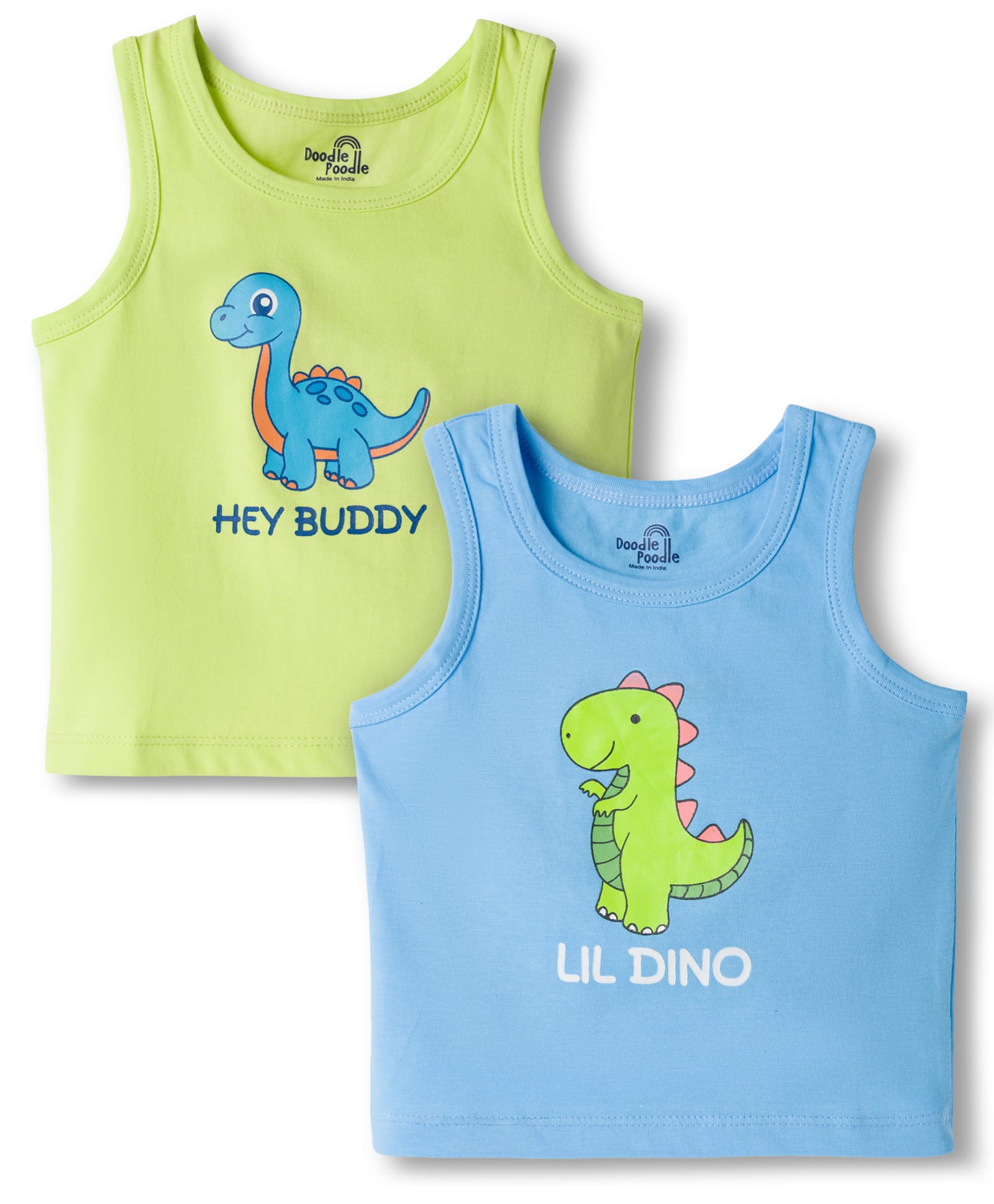 Doodle Poodle 100% Cotton Single Jersey Knit Sleeveless Vests With Dino Print Pack Of 2 - Light Blue & Green-picture-40