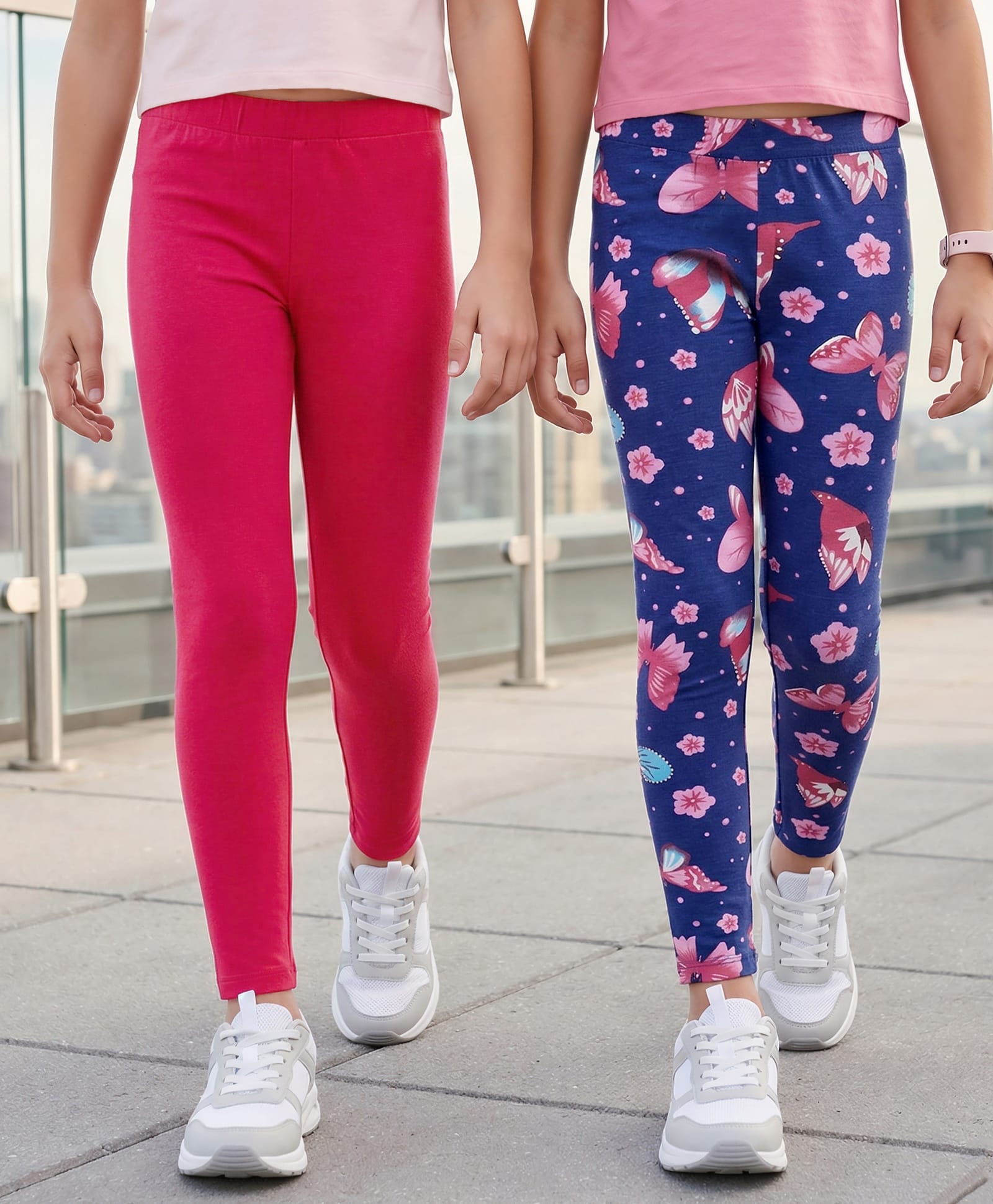 Pine Kids Cotton Lycra Knit Full Length Butterfly Printed Leggings Pack Of 2 - Blue & Dark Pink-picture-41