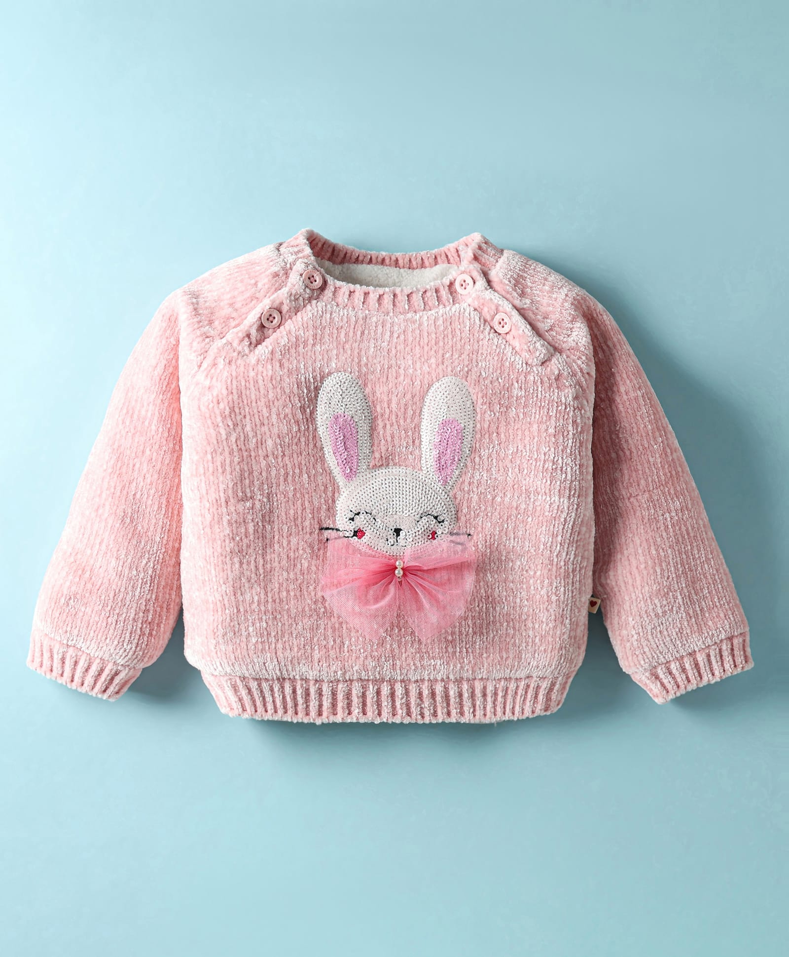Yellow Apple Knit Full Raglan Sleeves Bunny Sequinned Pullover Sweater With Bow Applique - Pink-picture-13