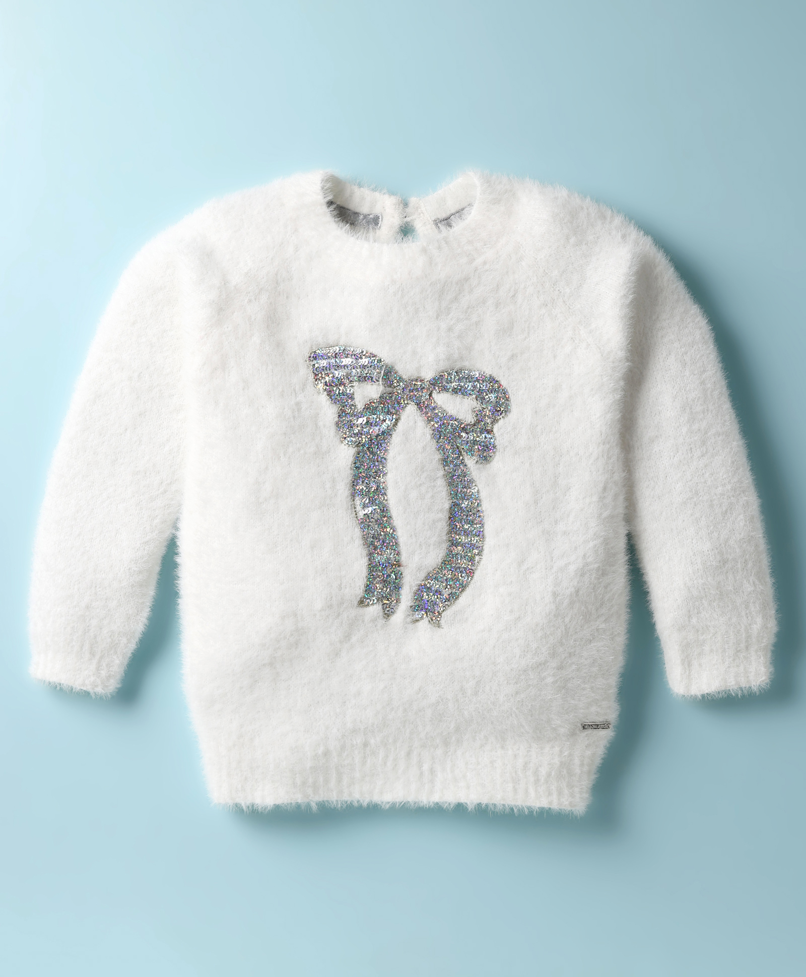 Yellow Apple Knit Full Sleeves Pullover Fur Sweater with Bow Sequin Design - White-image-21