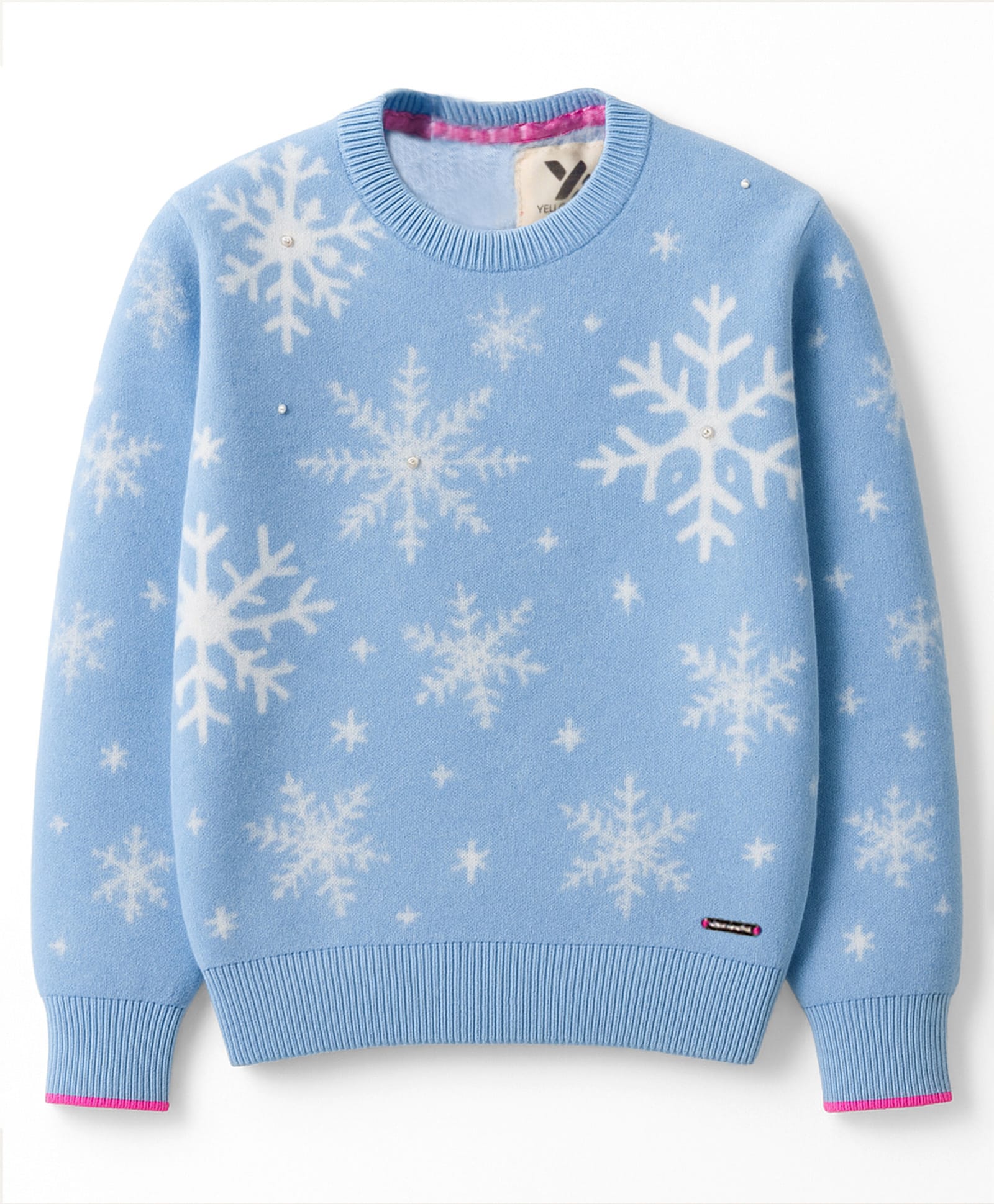 Yellow Apple Knit Full Sleeves Pullover Sweater with Snowflake Design - Light Blue-picture-28