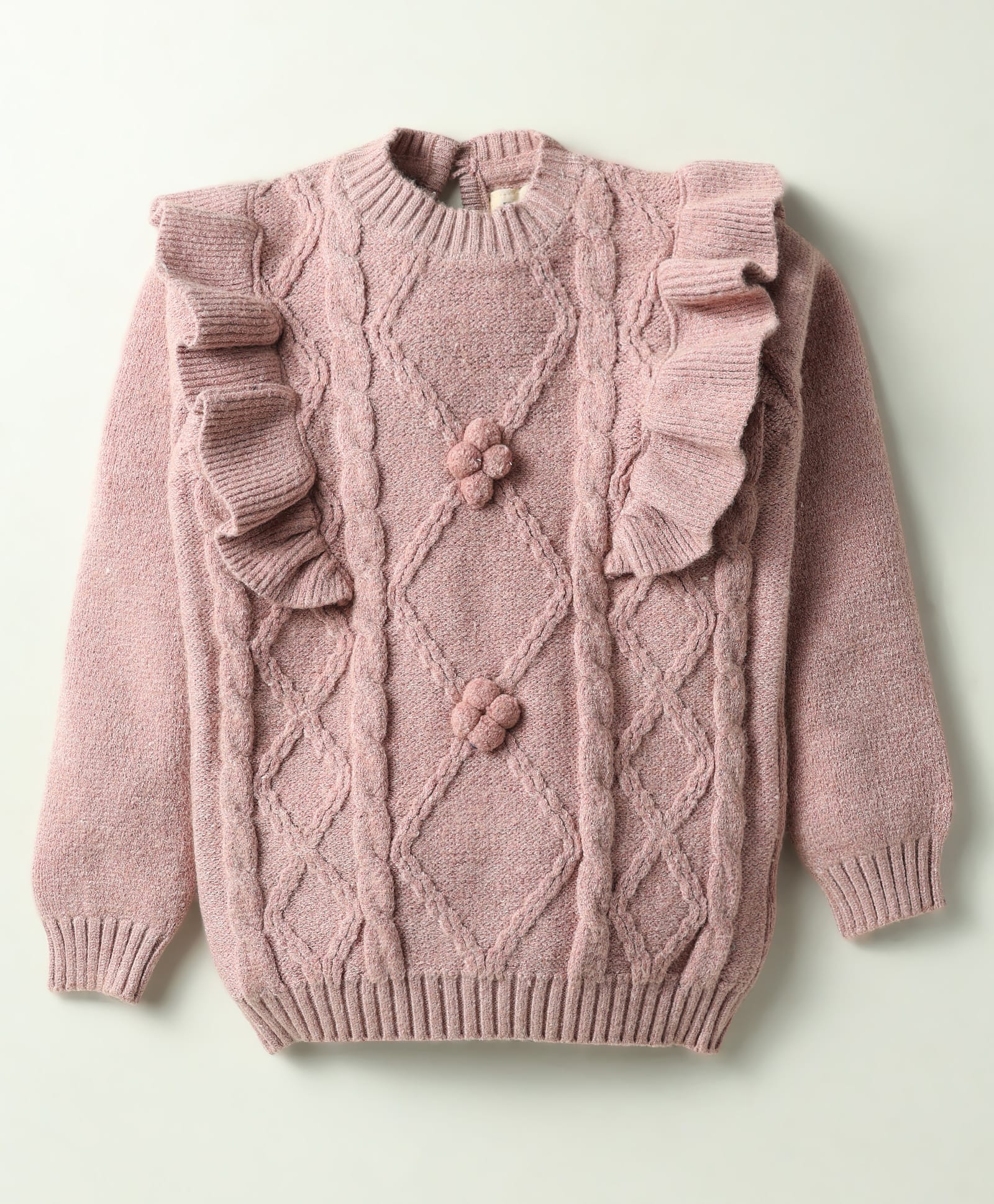 Yellow Apple Knitted Full Sleeves Pullover Sweater With Cable Knit Design - Light Pink-image-46