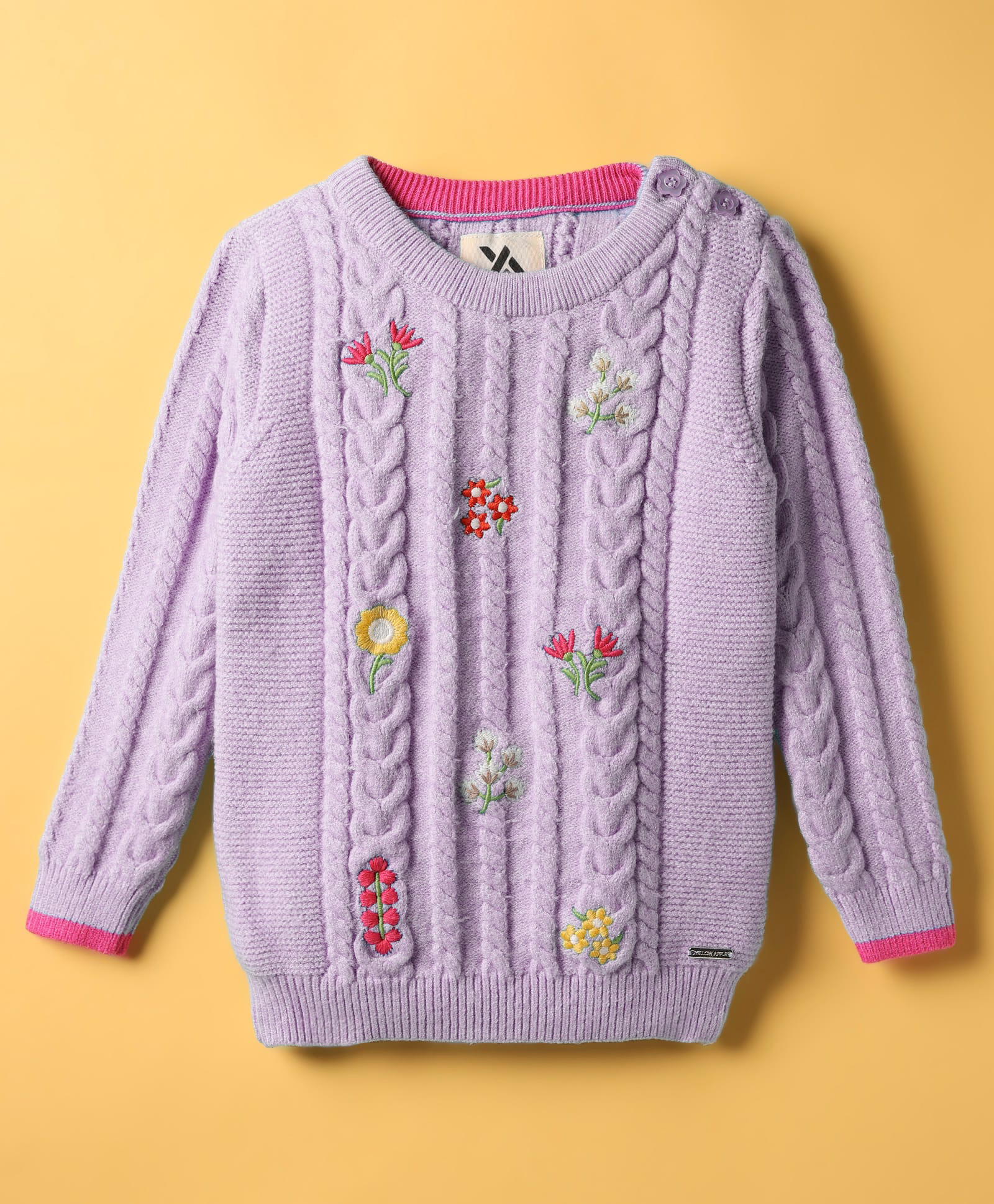 Yellow Apple Knit Full Sleeves Floral Embroidered Pullover Sweater With Cable Knit Design - Lilac-image-25