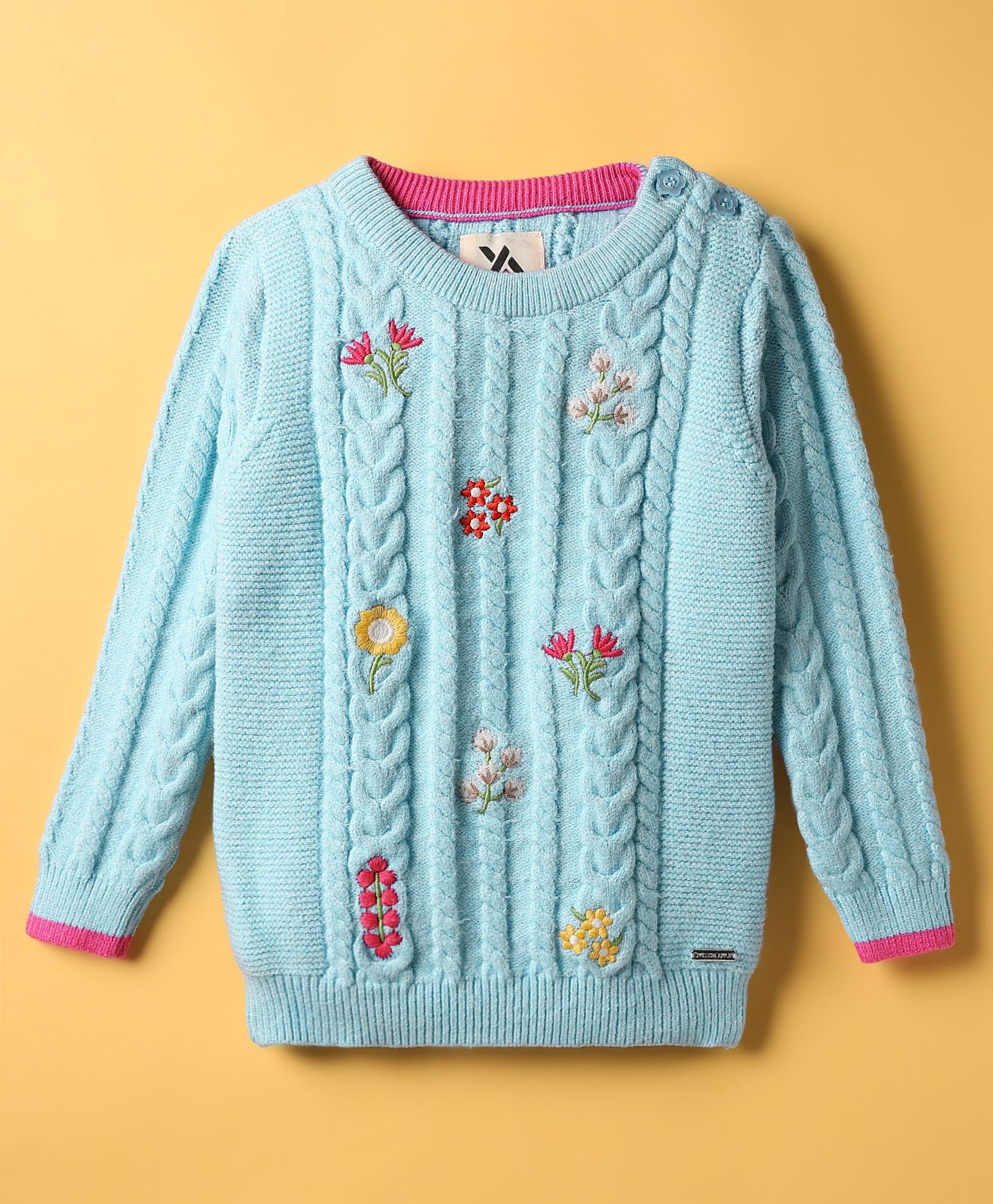 Yellow Apple Knit Full Sleeves Floral Embroidered Pullover Sweater With Cable Knit Design - Sky Blue-image-14
