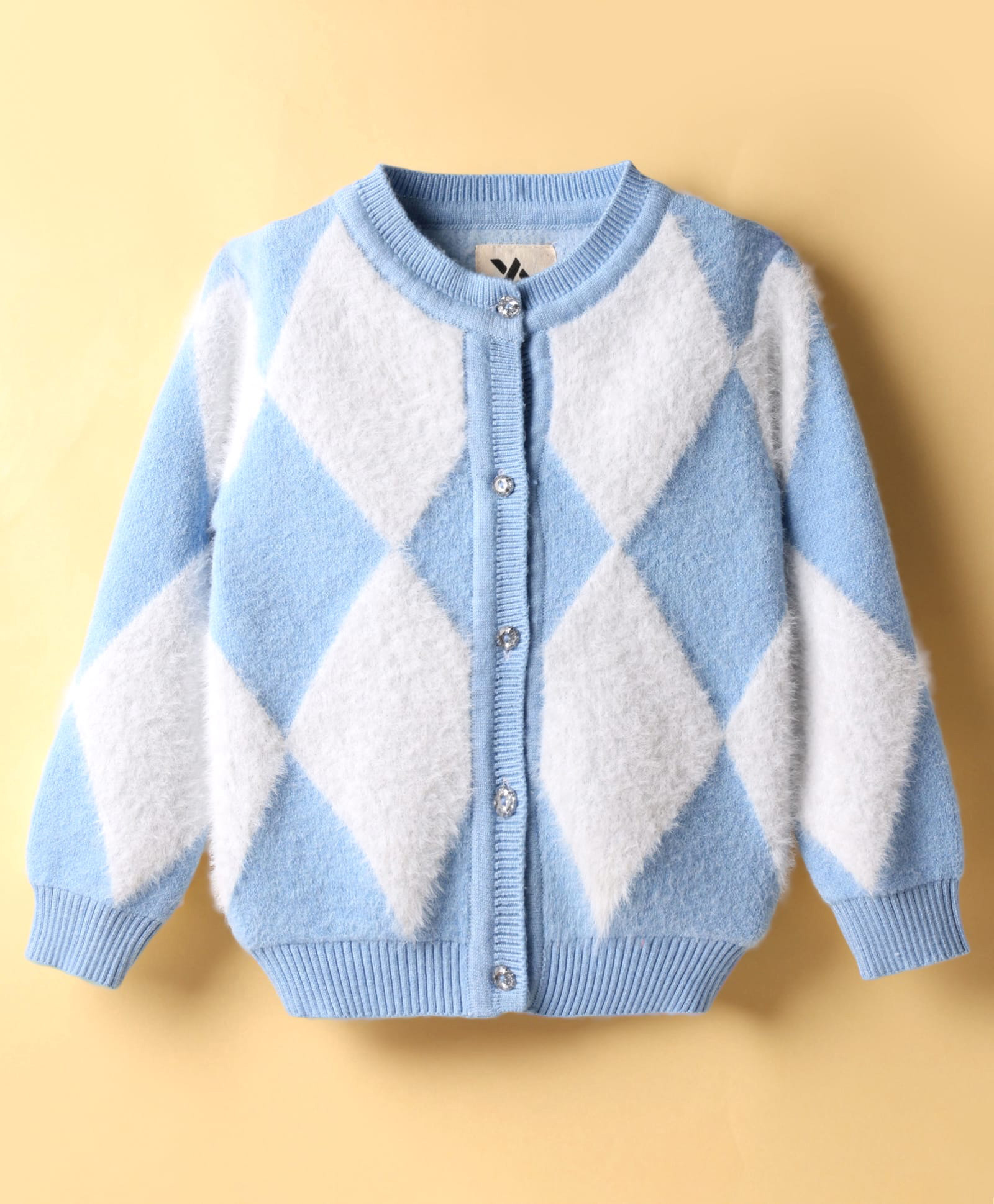 Yellow Apple Knitted Full Sleeves Front Open Sweater With Geometric Design - Light Blue-image-9