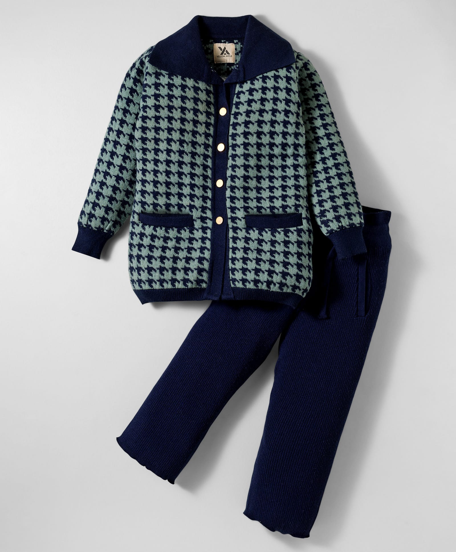 Yellow Apple Knit Full Sleeves Winter Wear Jacket & Trouser Set with Houndstooth Design - Navy Blue-picture-16