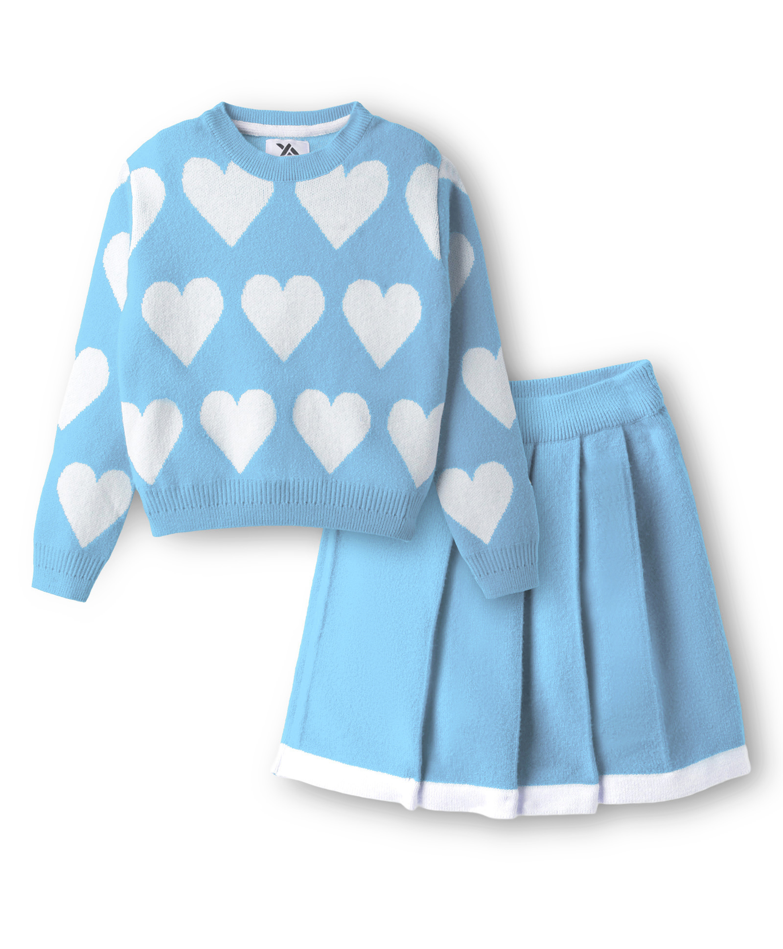 Yellow Apple Knit Full Sleeves Winter Wear Top & Skirt Set with Heart Design - Light Blue-picture-16