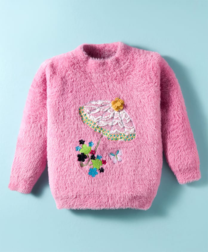 Yellow Apple Knit Full Sleeves Sweatshirt With Floral Embriodery - Pink-picture-20