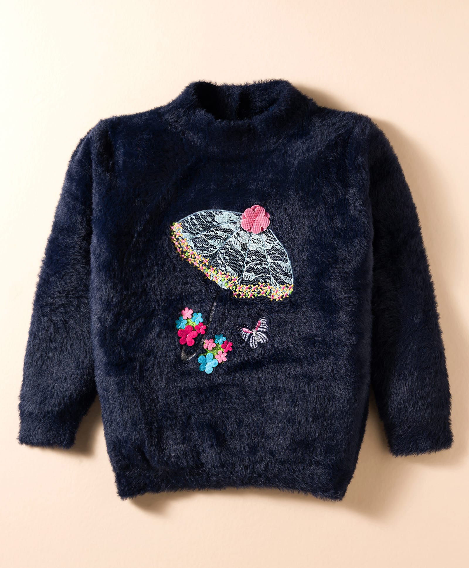 Yellow Apple Knit Full Sleeves Sweatshirt With Floral Embriodery - Navy Blue-image-14