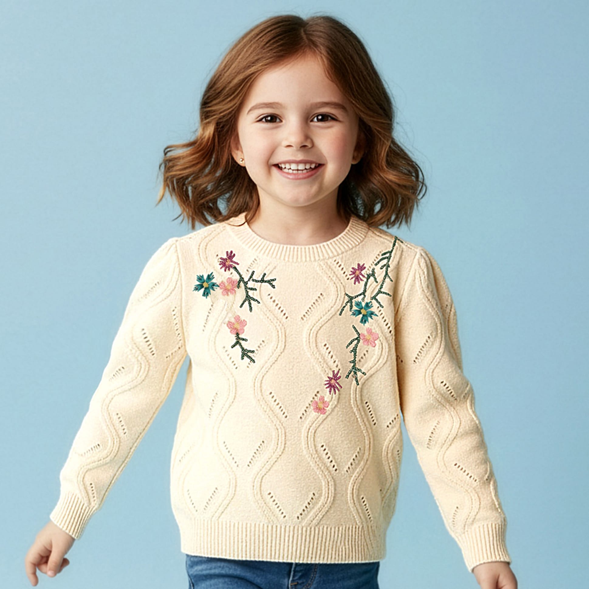 Yellow Apple Knit Full Sleeves Pullover Sweater with Floral Embroidery - White-picture-12