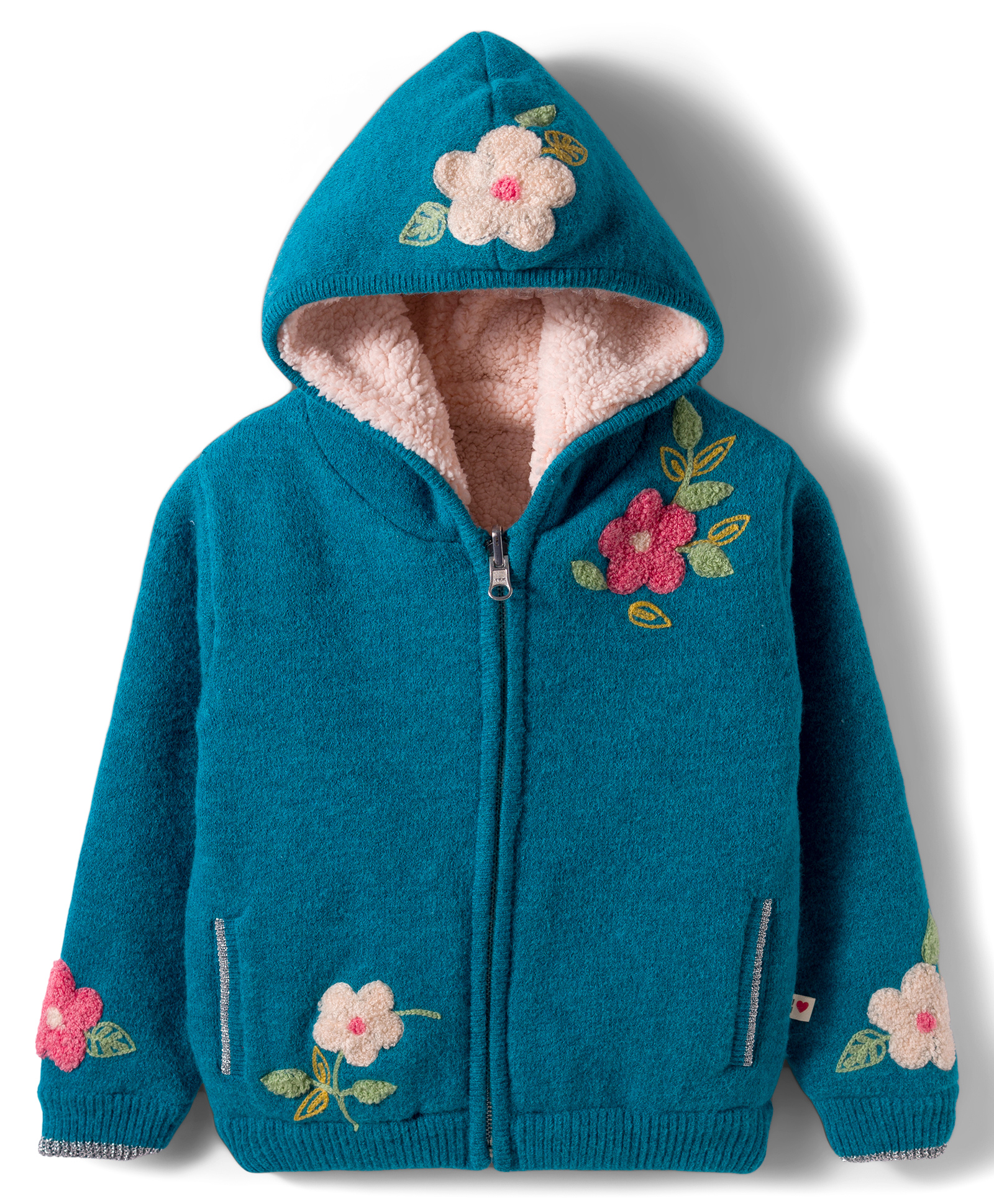 Yellow Apple Knit Full Sleeves Hooded Front Open Sweaters with Floral Design - Blue-image-37