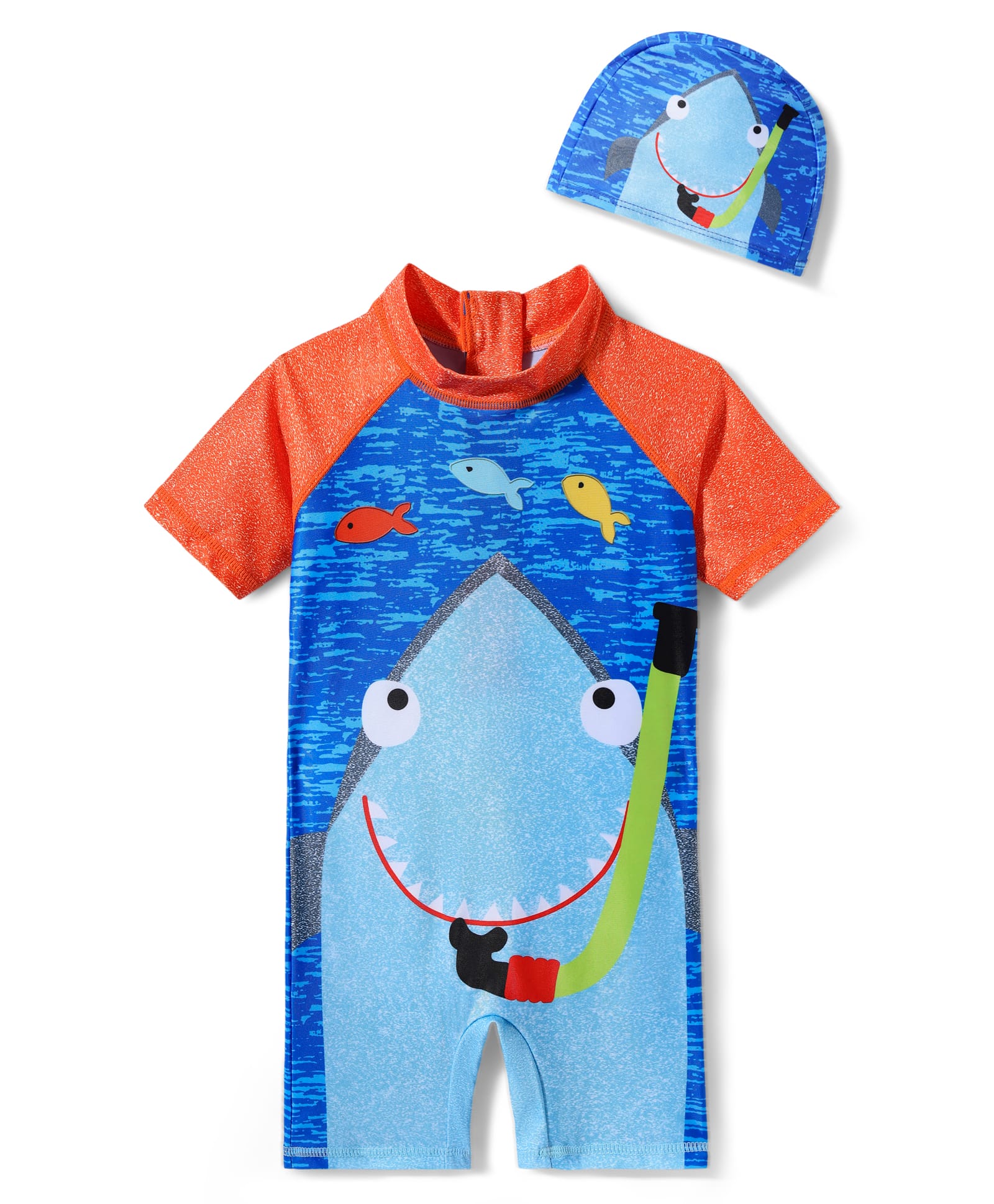 KIDLINGSS Half Raglan Sleeves Shark & Fishes Printed Legged Swimsuit With Cap - Light Blue-picture-22