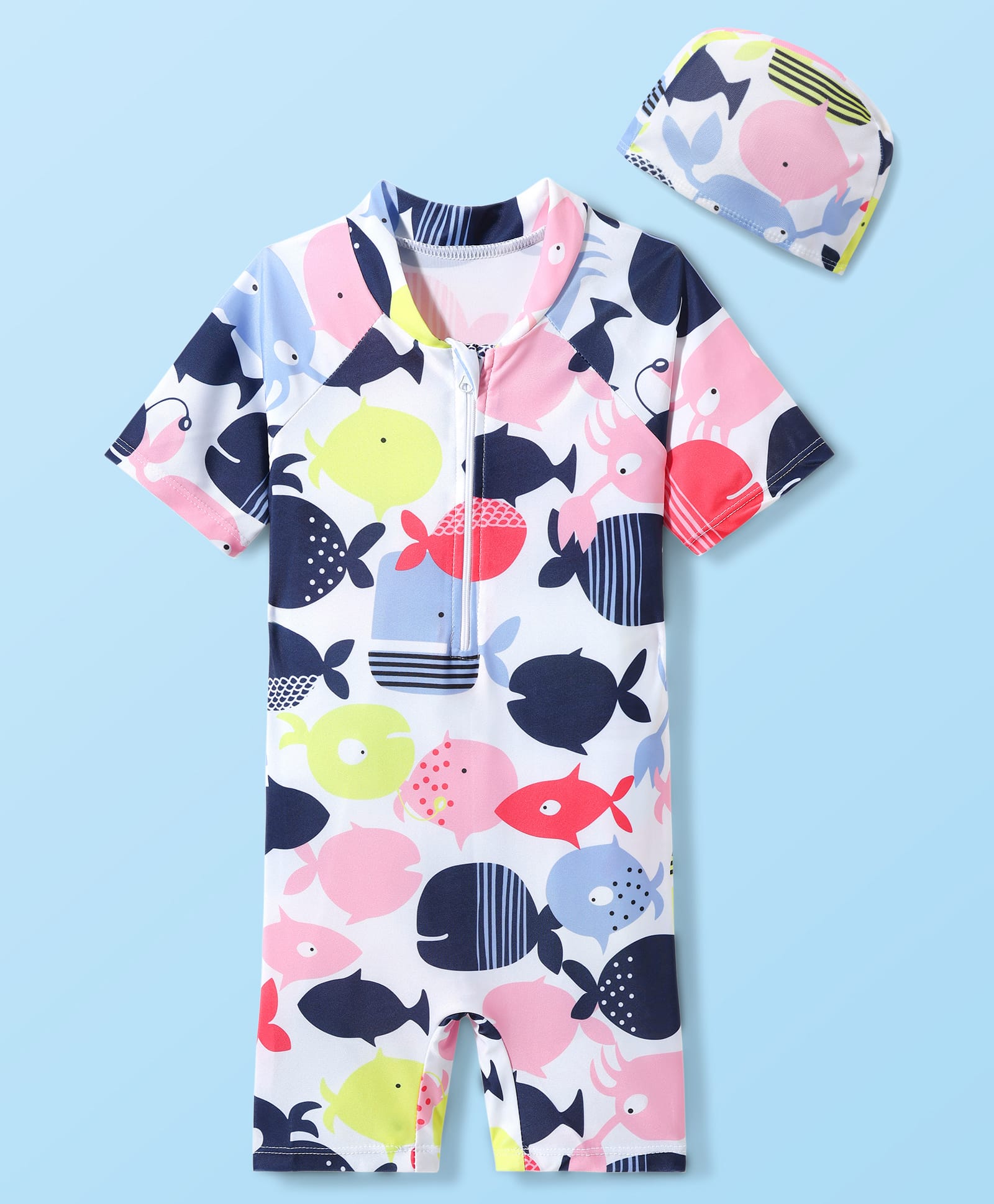 KIDLINGSS Half Raglan Sleeves Fishes Printed Legged Swimsuit With Cap - Multi Colour-image-46