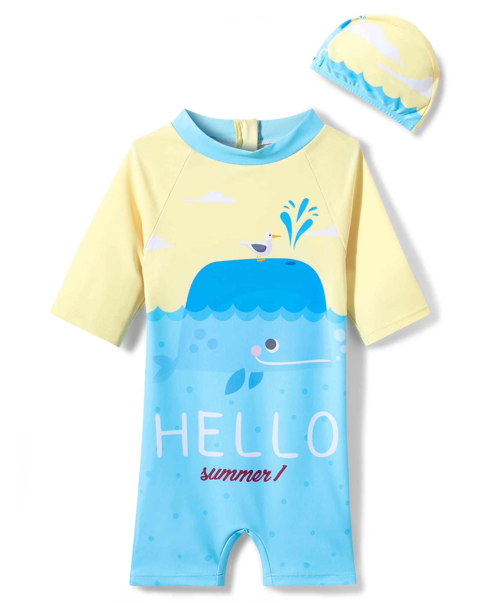 KIDLINGSS Half Raglan Sleeves Hello Text Printed Legged Swimsuit With Cap Set - Yellow & Blue-image-29